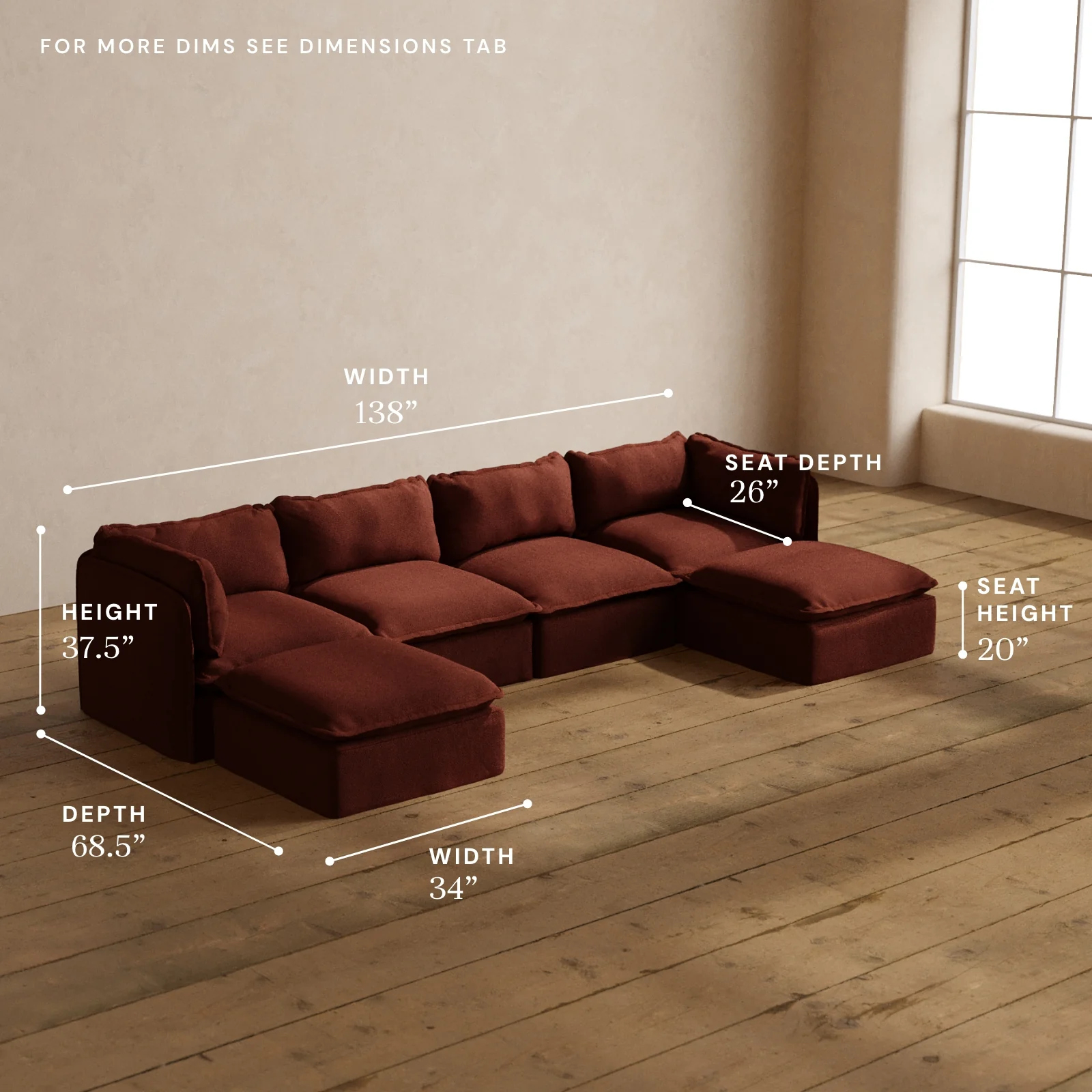 Modular Washable 4-Seater U-Sectional in Rust | Memorix+ Seat | Contour Pillow - Image 5