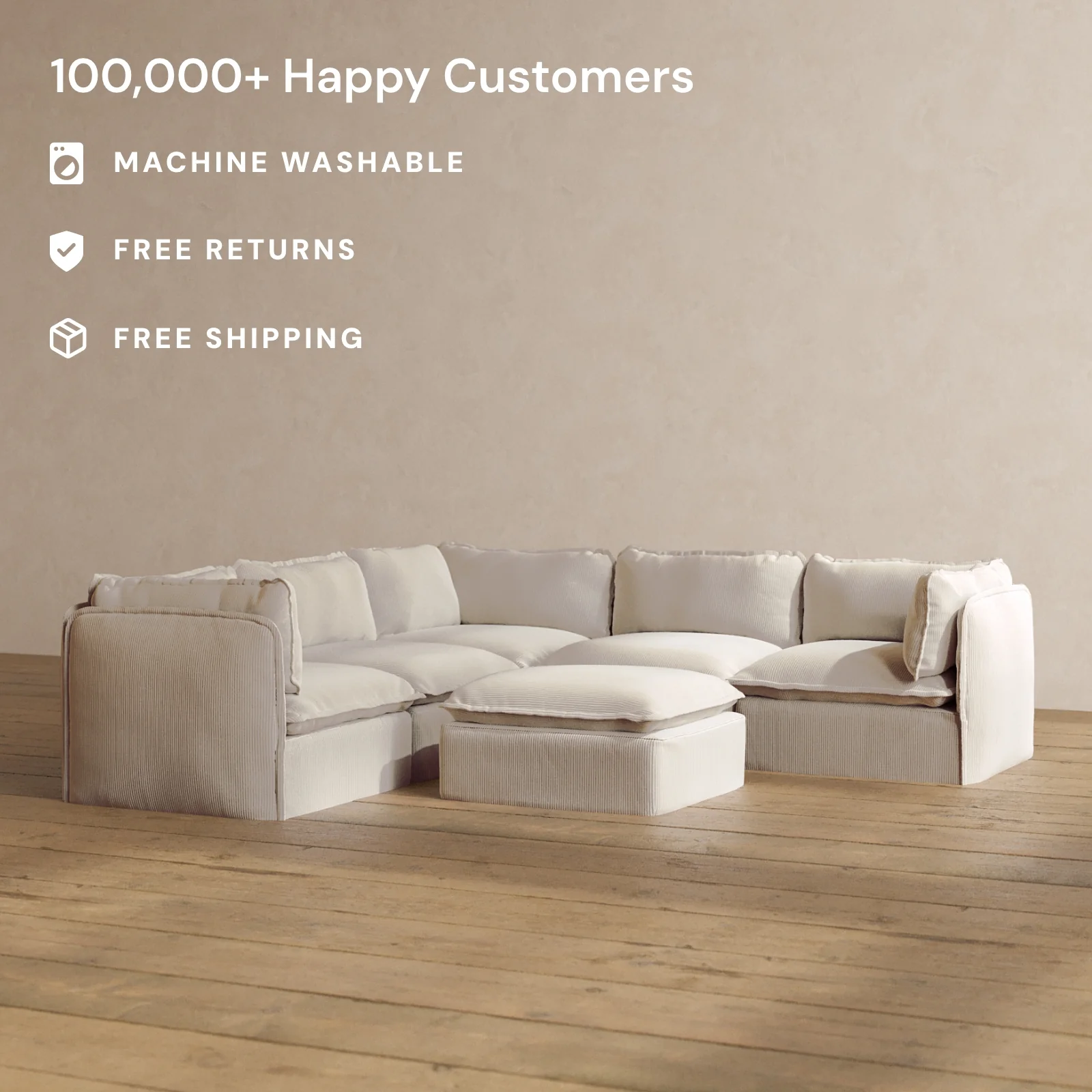 Modular Washable 5-Seater Corner Sectional + Ottoman in Milk | Deluxe+ Seat | Cloud Pillow - Image 2