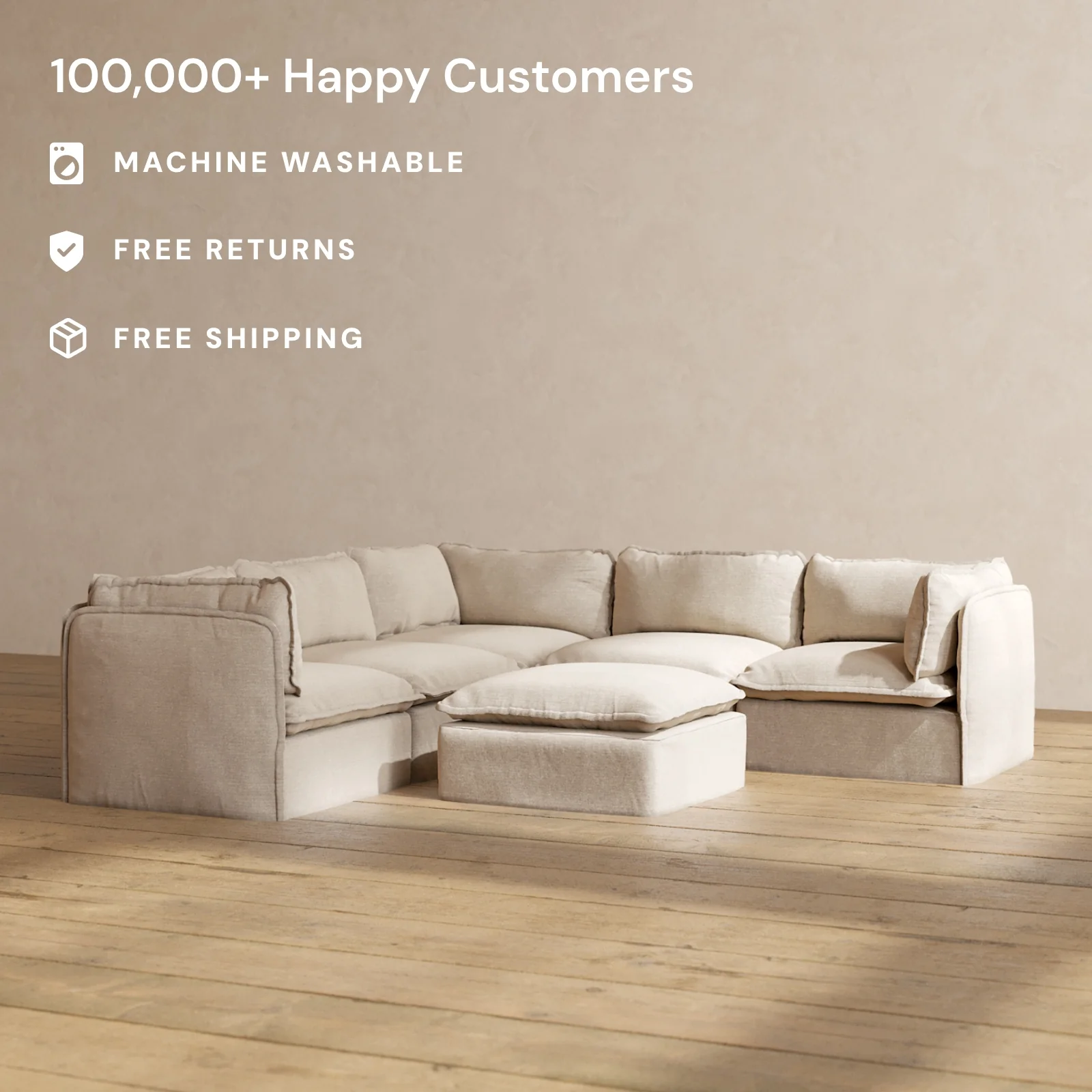 Modular Washable 5-Seater Corner Sectional + Ottoman in Oat | Memorix+ Seat | Contour Pillow - Image 2