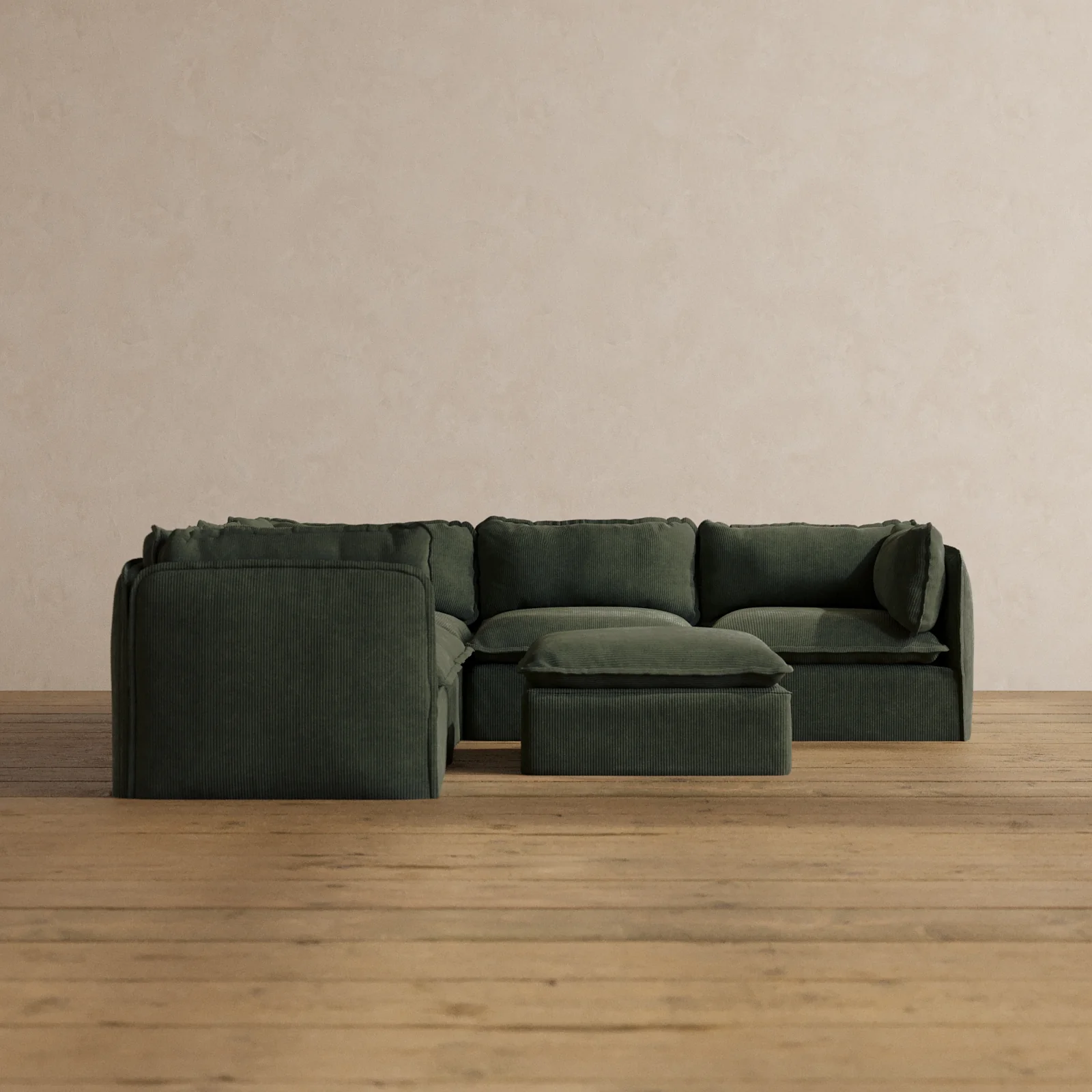 Modular Washable 5-Seater Corner Sectional + Ottoman in Olivine | Deluxe+ Seat | Cloud Pillow