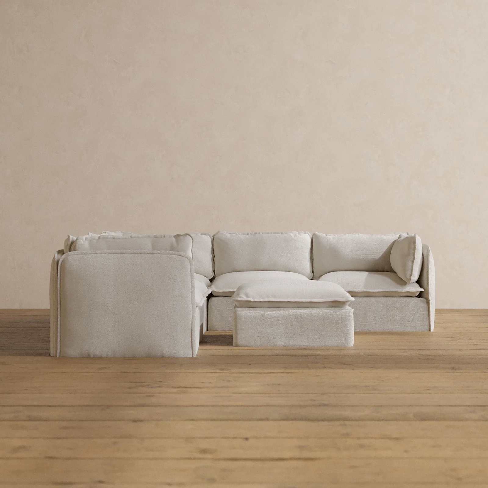 Modular Washable 5-Seater Corner Sectional + Ottoman in Powder | Deluxe+ Seat | Cloud Pillow