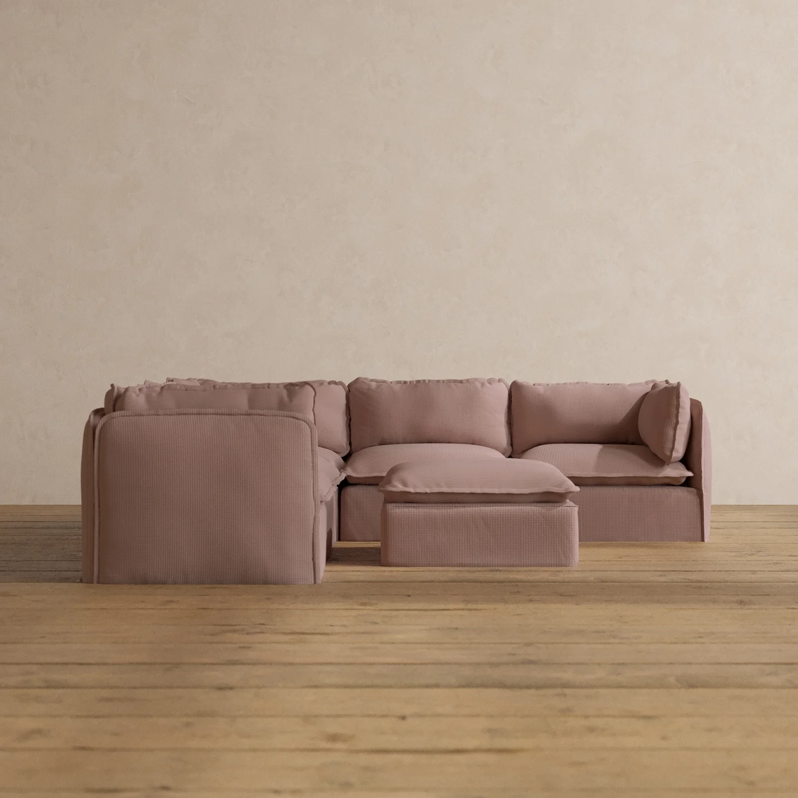 Modular Washable 5-Seater Corner Sectional + Ottoman in Sakura | Deluxe+ Seat | Cloud Pillow