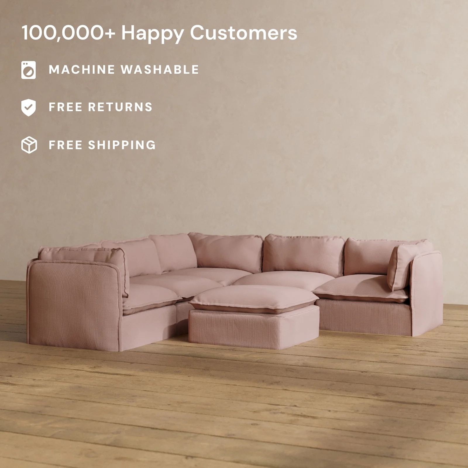 Modular Washable 5-Seater Corner Sectional + Ottoman in Sakura | Deluxe+ Seat | Cloud Pillow - Image 2