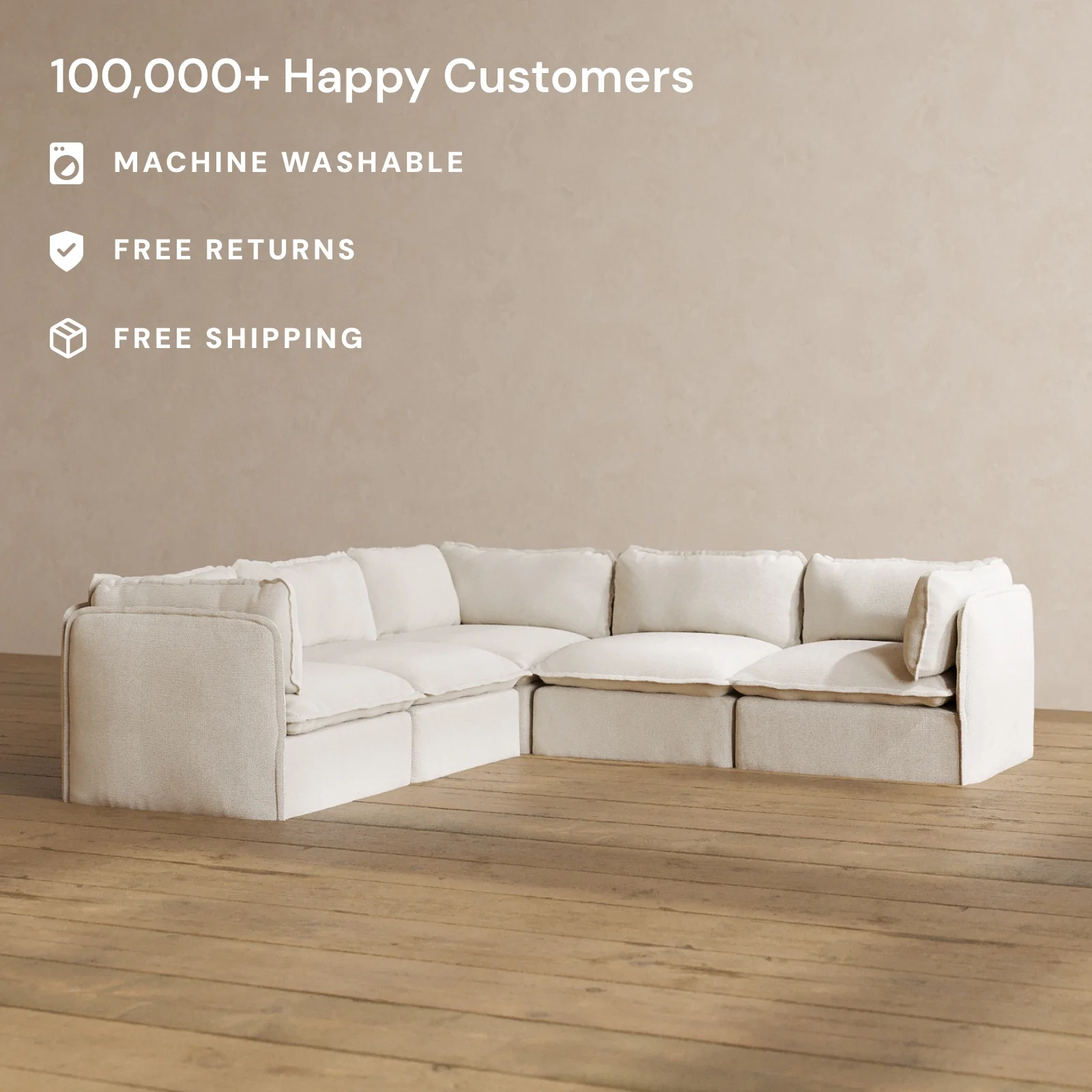 Modular Washable 5-Seater Corner Sectional in Powder | Deluxe+ Seat | Cloud Pillow - Image 2