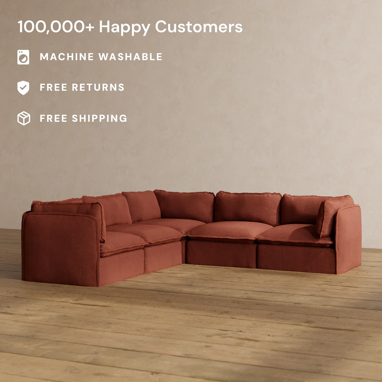 Modular Washable 5-Seater Corner Sectional in Rust | Deluxe+ Seat | Cloud Pillow - Image 2