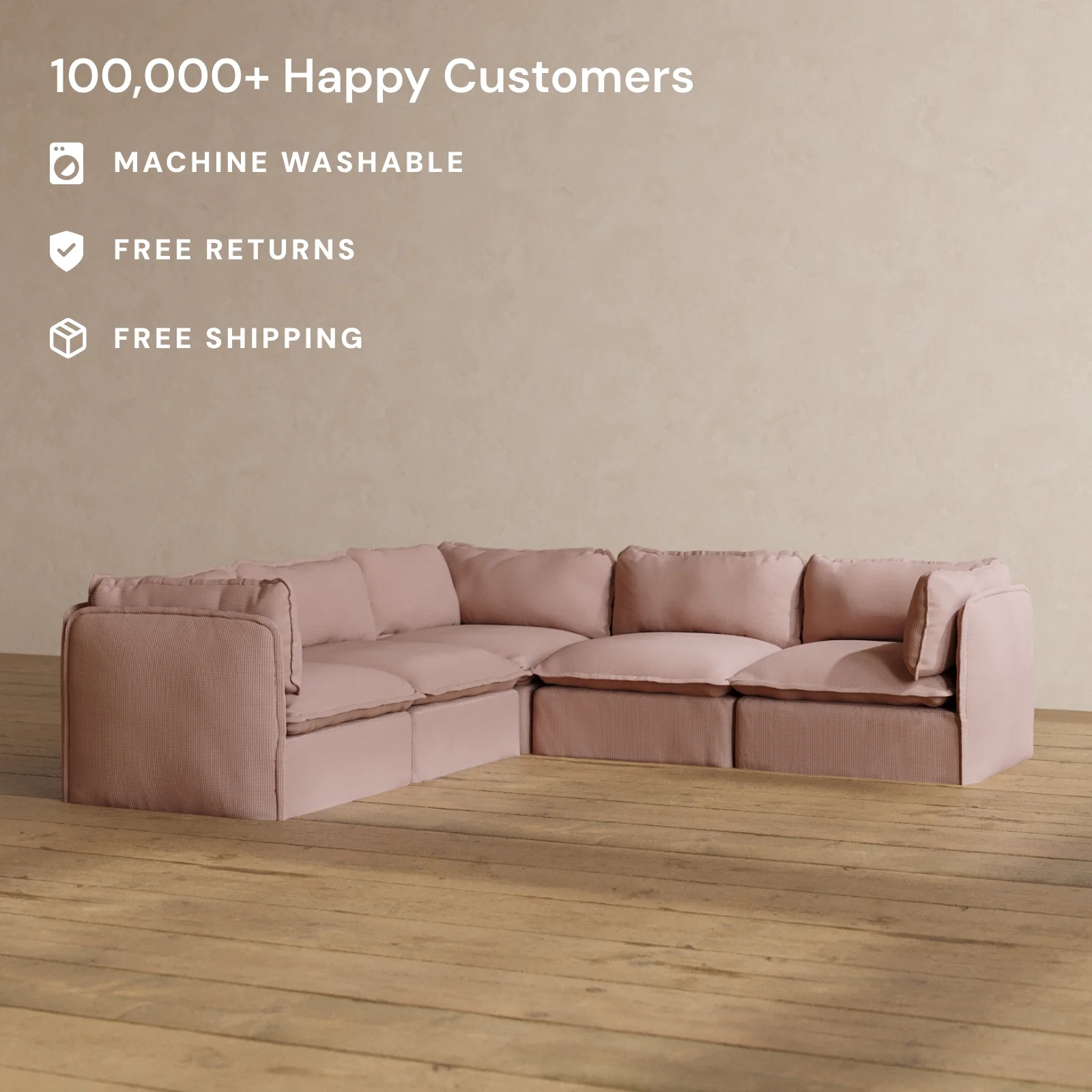 Modular Washable 5-Seater Corner Sectional in Sakura | Memorix+ Seat | Contour Pillow - Image 2