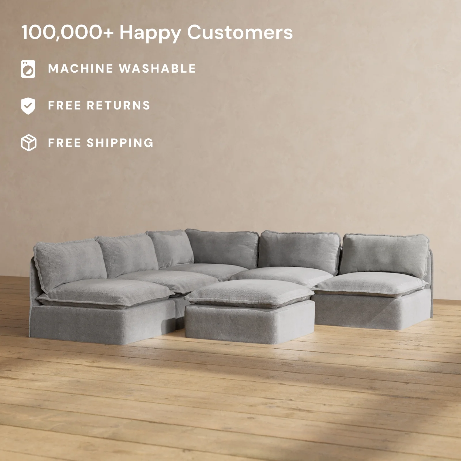 Modular Washable 5-Seater Open-Ends Corner Sectional + Ottoman in Ash | Memorix+ Seat | Contour Pillow - Image 2