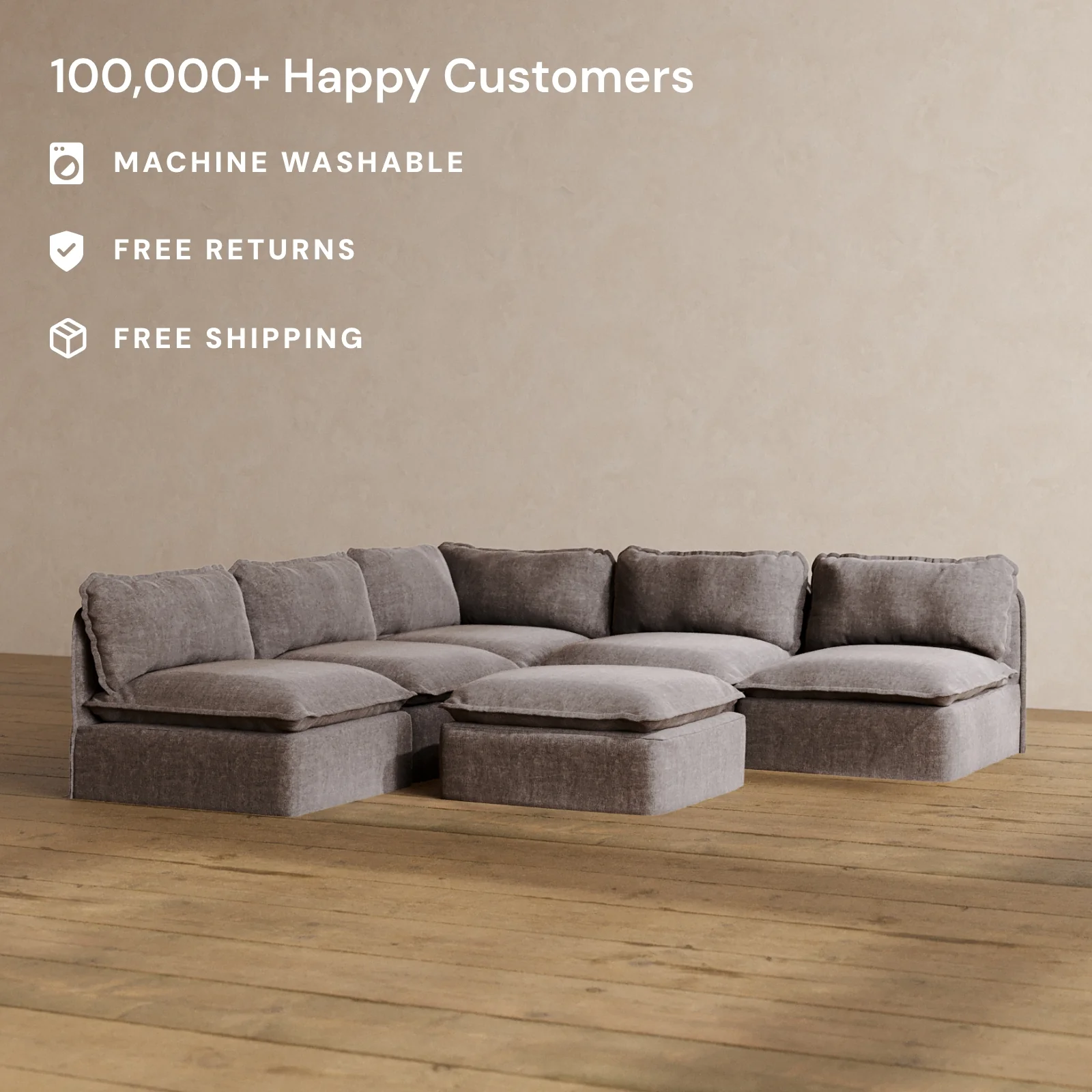 Modular Washable 5-Seater Open-Ends Corner Sectional + Ottoman in Caviar | Deluxe+ Seat | Cloud Pillow - Image 2