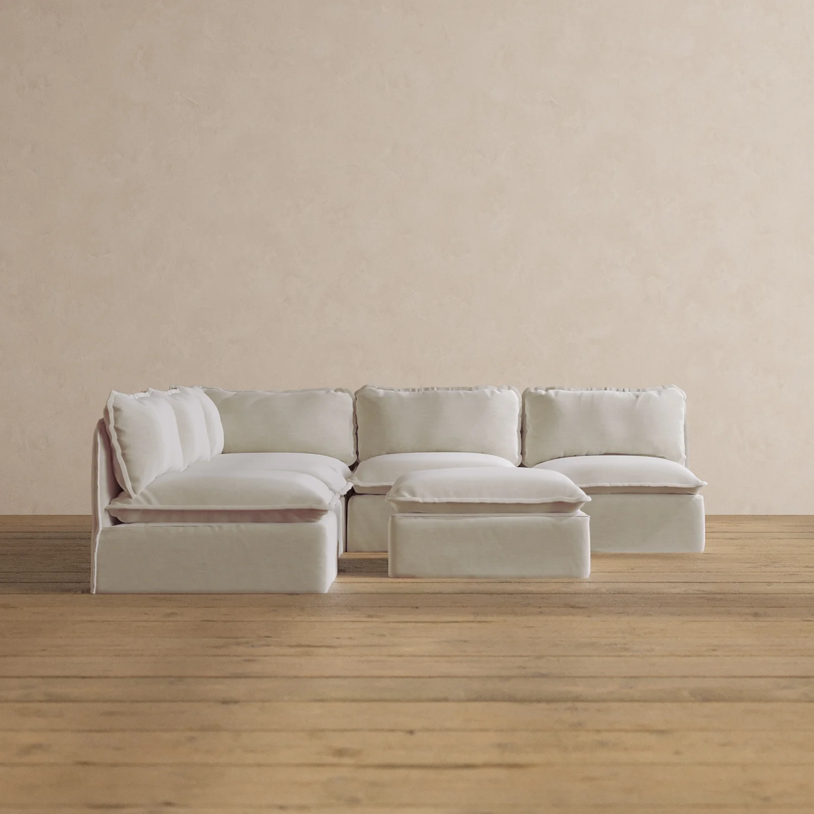 Modular Washable 5-Seater Open-Ends Corner Sectional + Ottoman in Coco | Memorix+ Seat | Contour Pillow