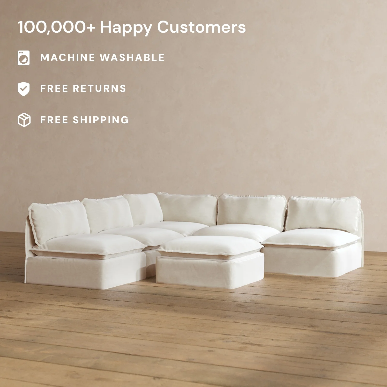 Modular Washable 5-Seater Open-Ends Corner Sectional + Ottoman in Coco | Memorix+ Seat | Contour Pillow - Image 2