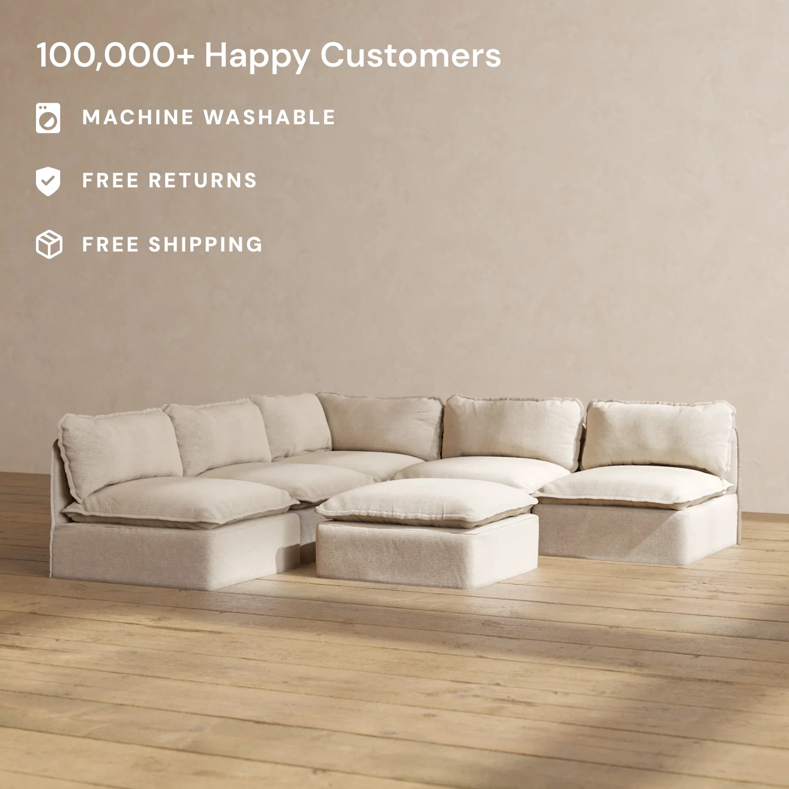 Modular Washable 5-Seater Open-Ends Corner Sectional + Ottoman in Oat | Memorix+ Seat | Contour Pillow - Image 2