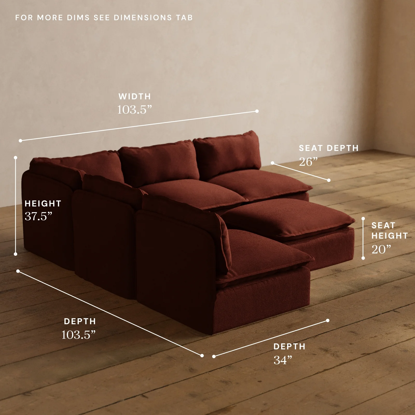Modular Washable 5-Seater Open-Ends Corner Sectional + Ottoman in Rust | Memorix+ Seat | Contour Pillow - Image 5