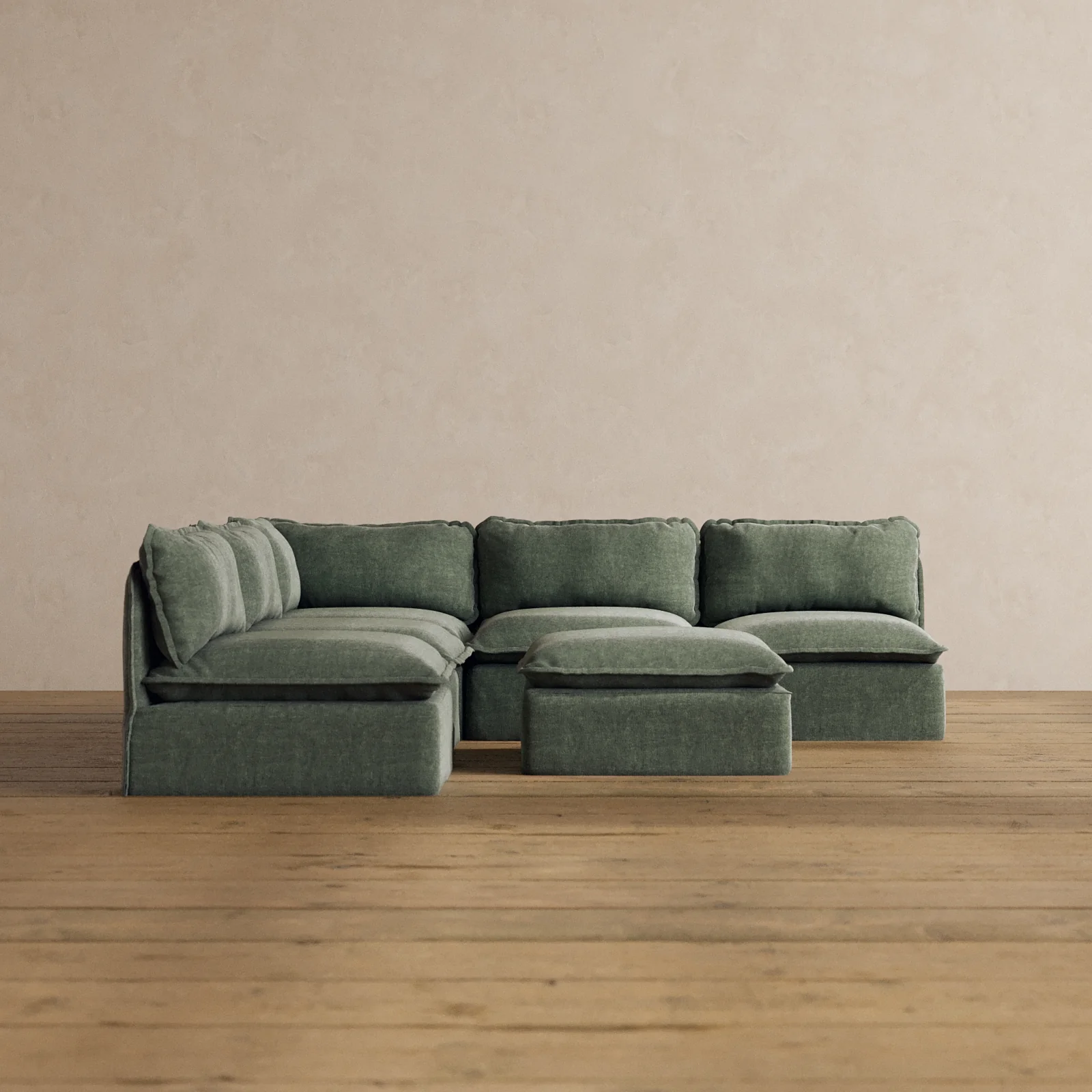 Modular Washable 5-Seater Open-Ends Corner Sectional + Ottoman in Willow | Memorix+ Seat | Contour Pillow
