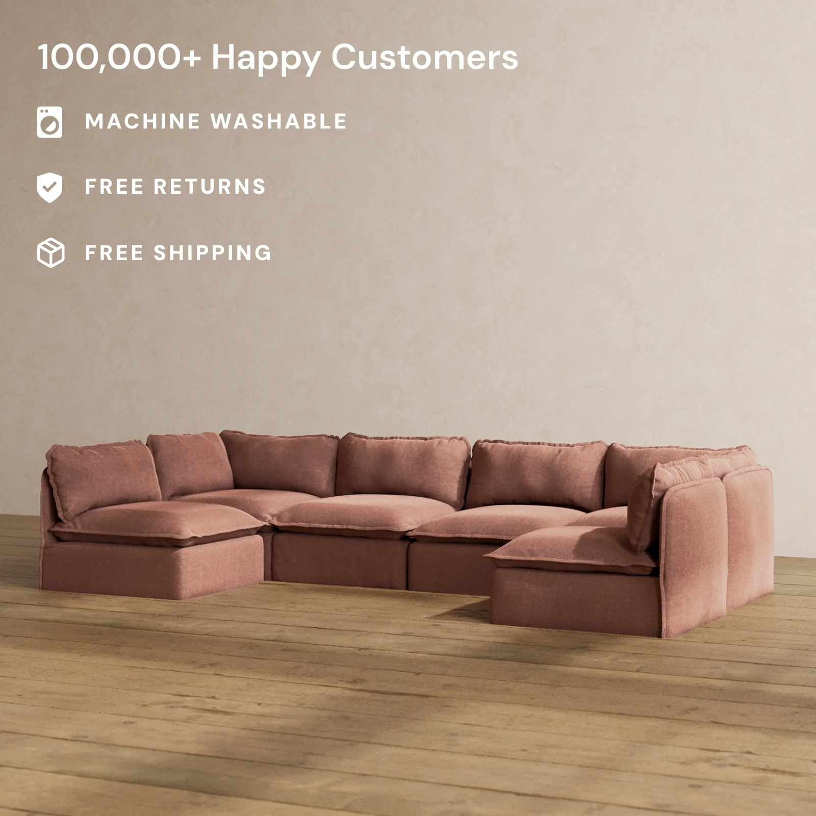 Modular Washable 6-Seater Open-Ends U-Sectional in Chestnut | Memorix+ Seat | Contour Pillow - Image 2