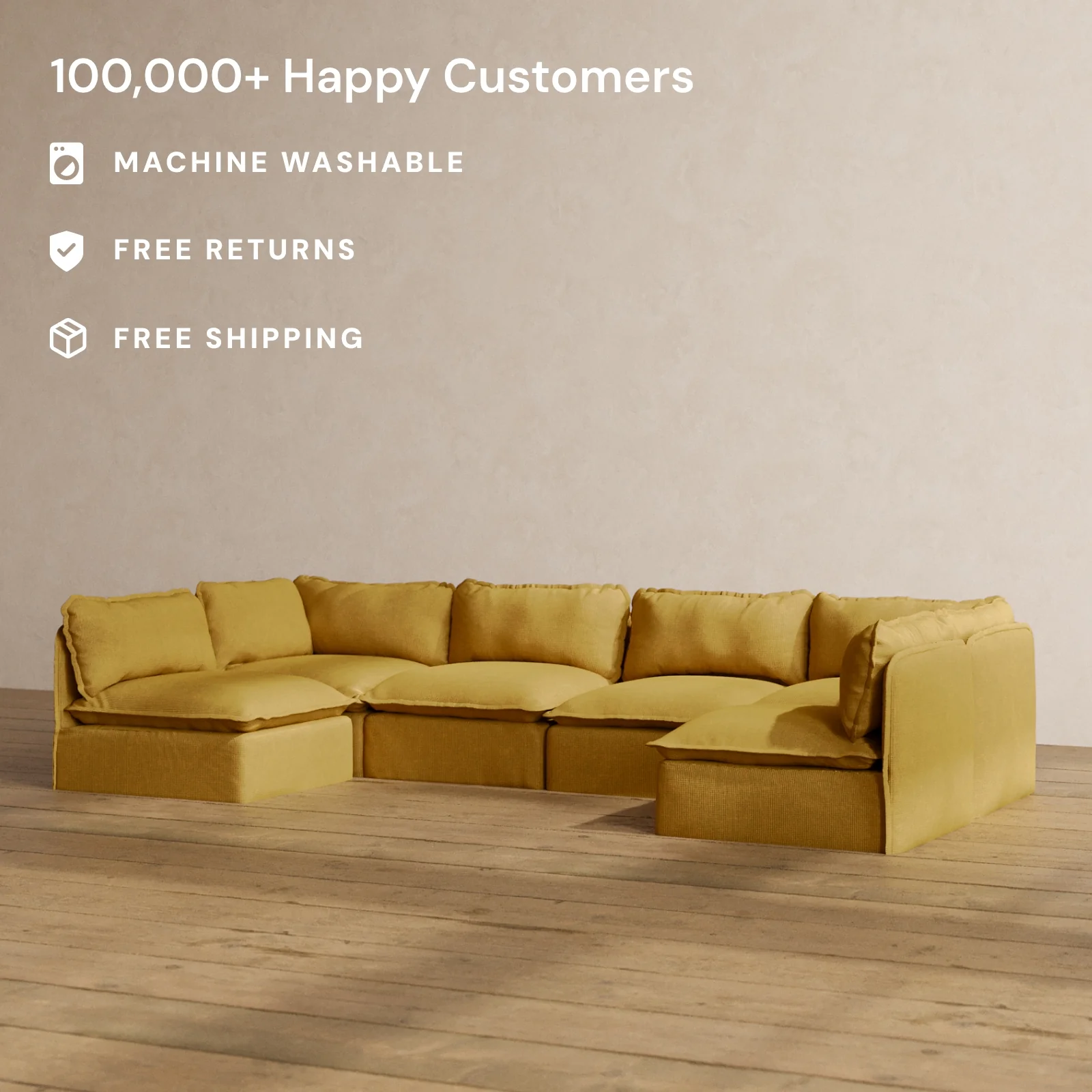 Modular Washable 6-Seater Open-Ends U-Sectional in Kiiro | Deluxe+ Seat | Cloud Pillow - Image 2