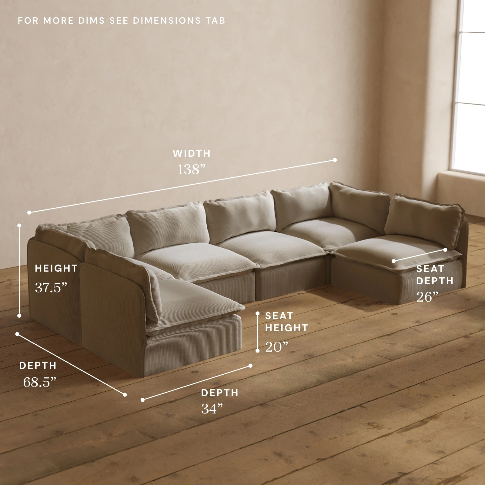 Modular Washable 6-Seater Open-Ends U-Sectional in Milk | Memorix+ Seat | Contour Pillow - Image 5