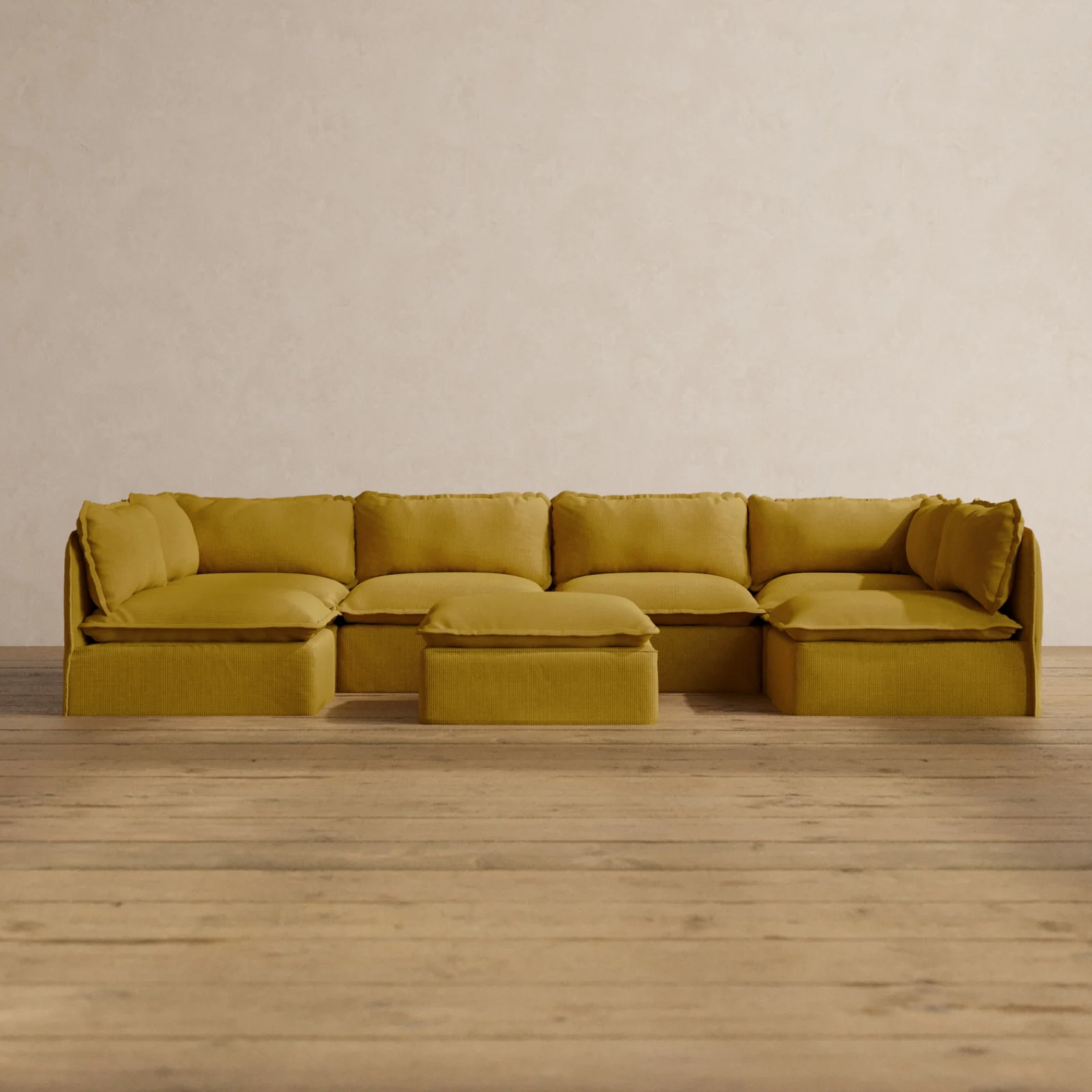 Modular Washable 6-Seater Open-Ends U-Sectional + Ottoman in Kiiro | Deluxe+ Seat | Cloud Pillow
