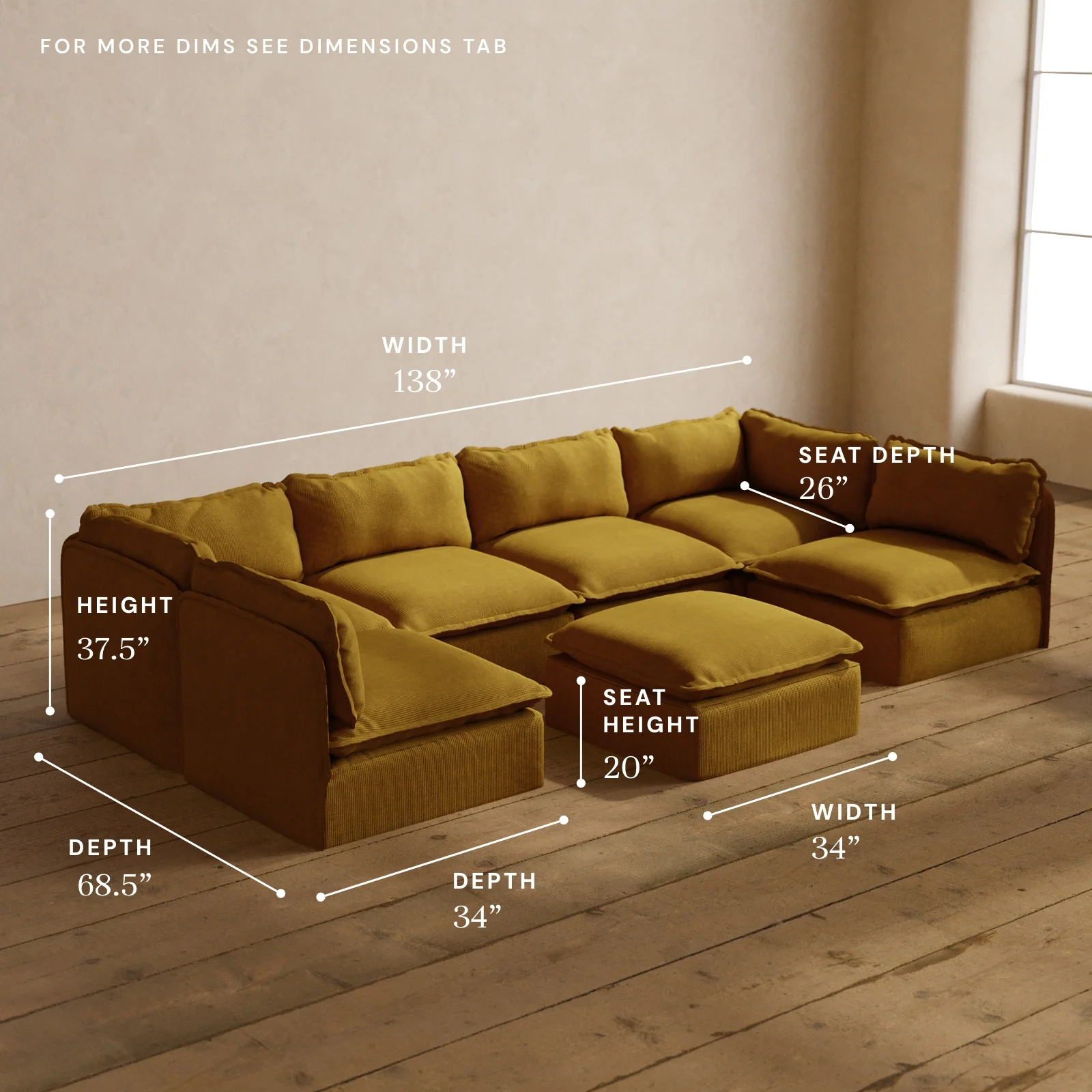 Modular Washable 6-Seater Open-Ends U-Sectional + Ottoman in Kiiro | Deluxe+ Seat | Cloud Pillow - Image 5