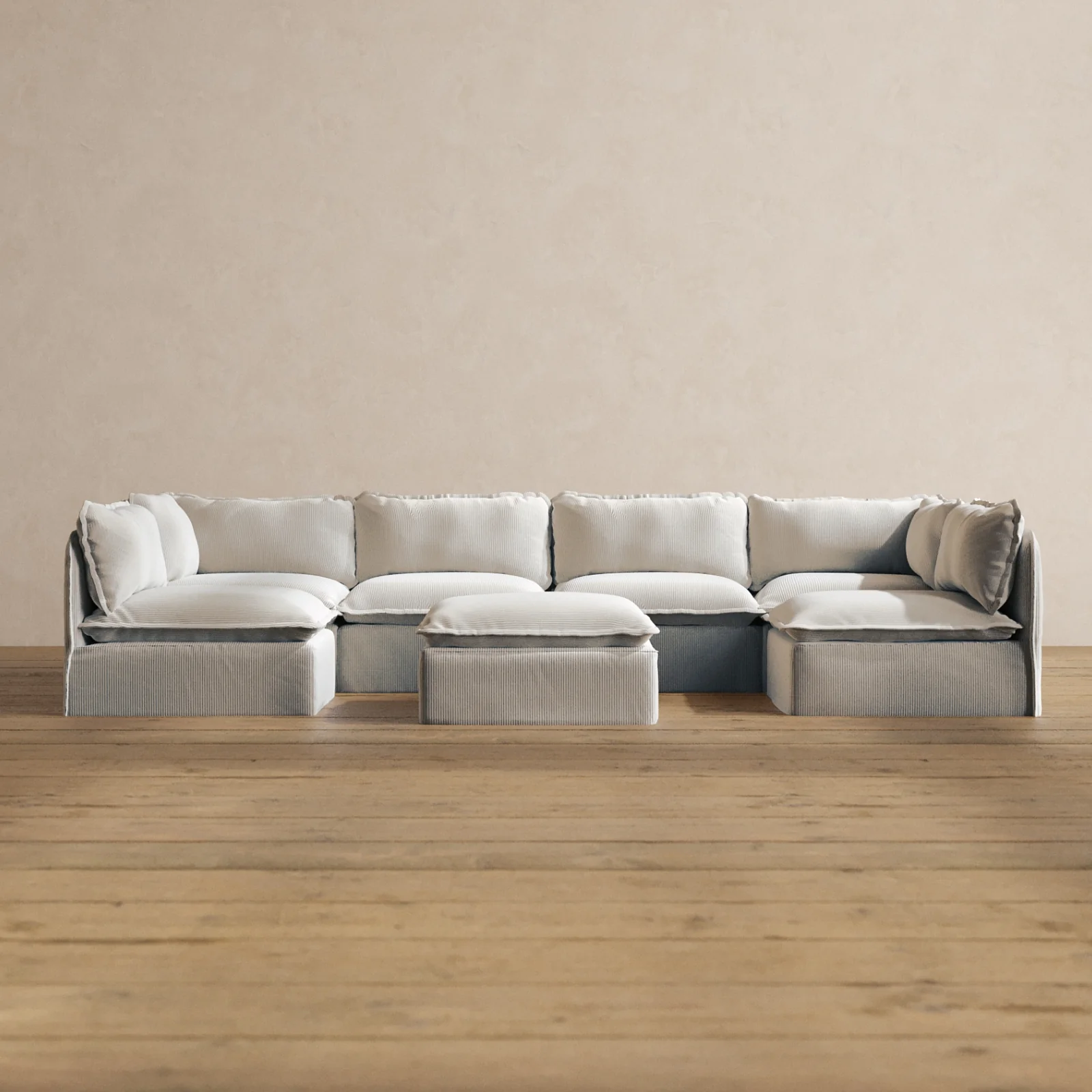 Modular Washable 6-Seater Open-Ends U-Sectional + Ottoman in Milk | Memorix+ Seat | Contour Pillow