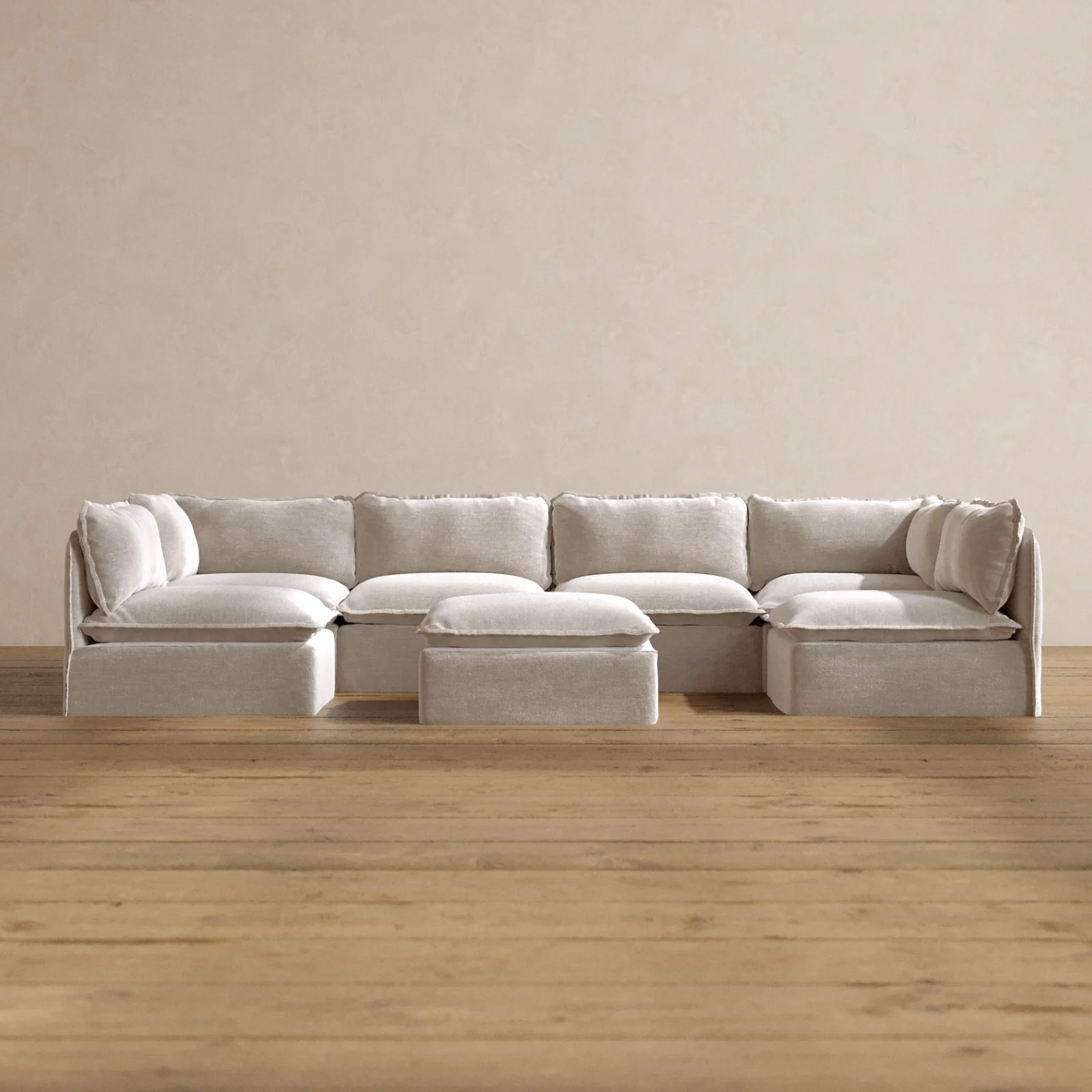 Modular Washable 6-Seater Open-Ends U-Sectional + Ottoman in Mist | Deluxe+ Seat | Cloud Pillow