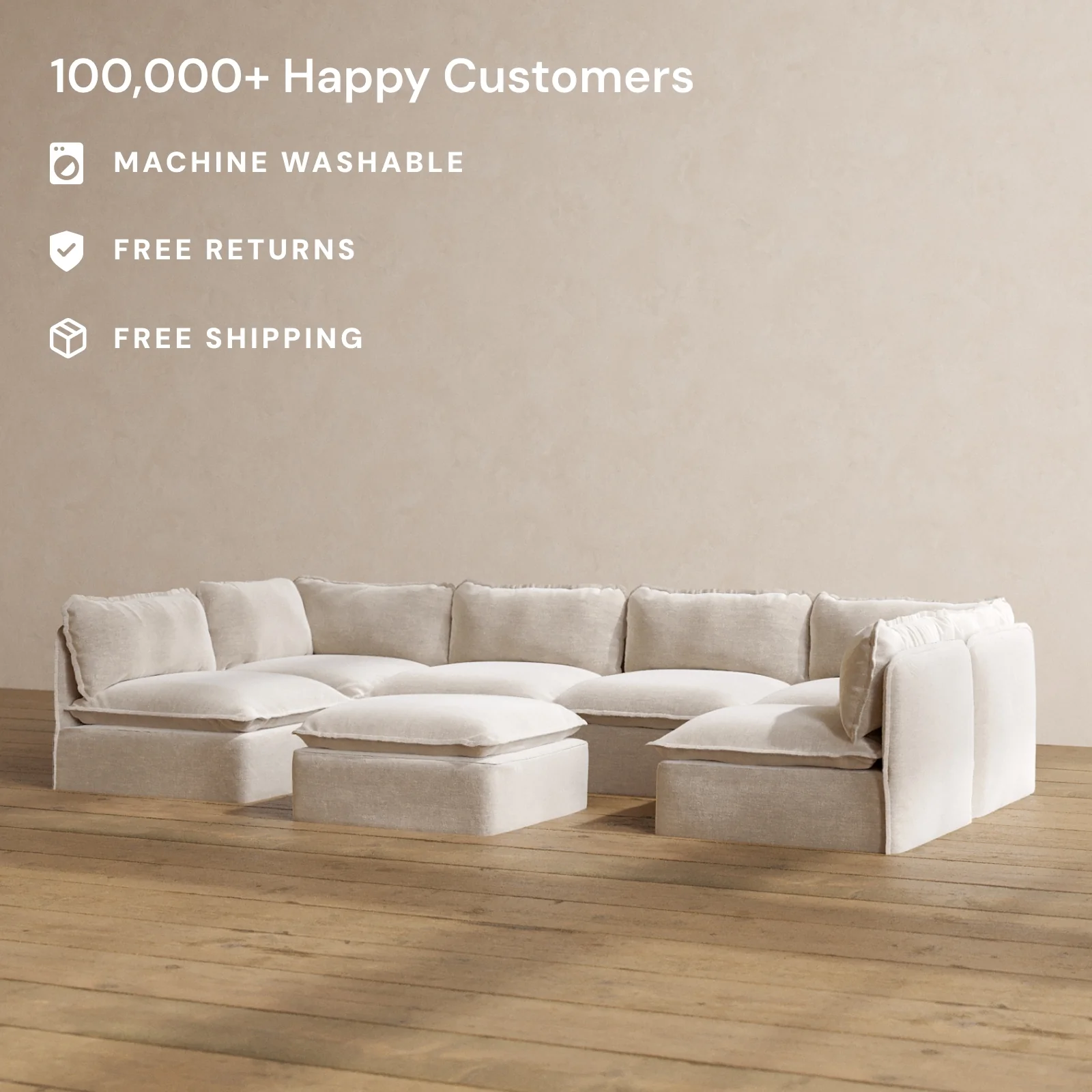 Modular Washable 6-Seater Open-Ends U-Sectional + Ottoman in Mist | Deluxe+ Seat | Cloud Pillow - Image 2