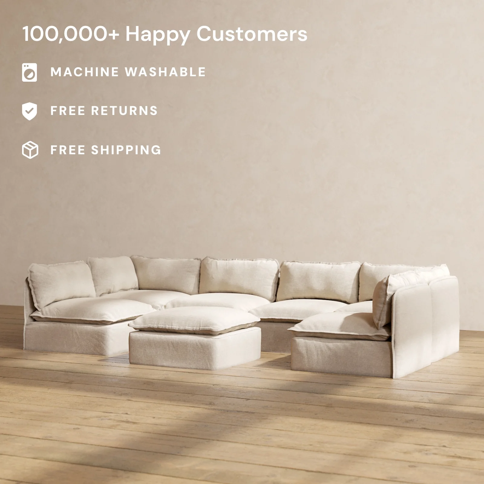 Modular Washable 6-Seater Open-Ends U-Sectional + Ottoman in Oat | Deluxe+ Seat | Cloud Pillow - Image 2