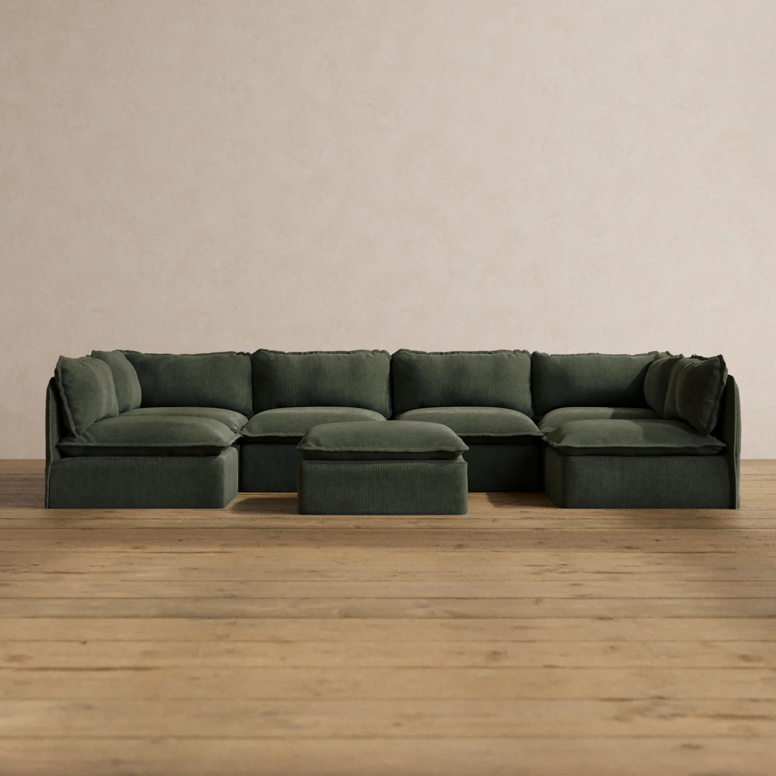 Modular Washable 6-Seater Open-Ends U-Sectional + Ottoman in Olivine | Deluxe+ Seat | Cloud Pillow