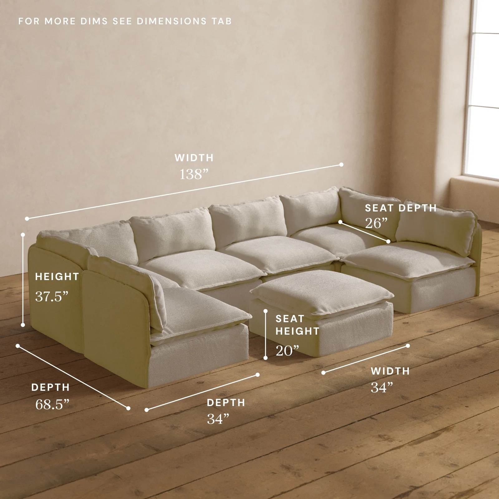 Modular Washable 6-Seater Open-Ends U-Sectional + Ottoman in Powder | Deluxe+ Seat | Cloud Pillow - Image 5