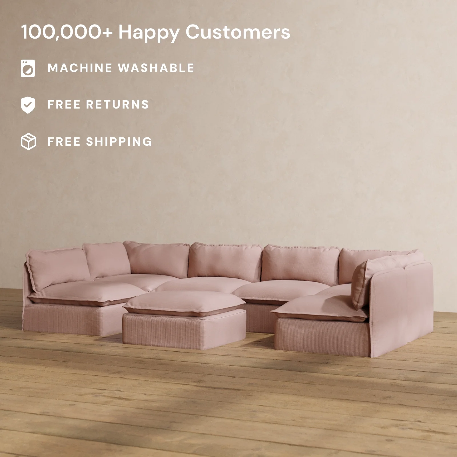 Modular Washable 6-Seater Open-Ends U-Sectional + Ottoman in Sakura | Memorix+ Seat | Contour Pillow - Image 2