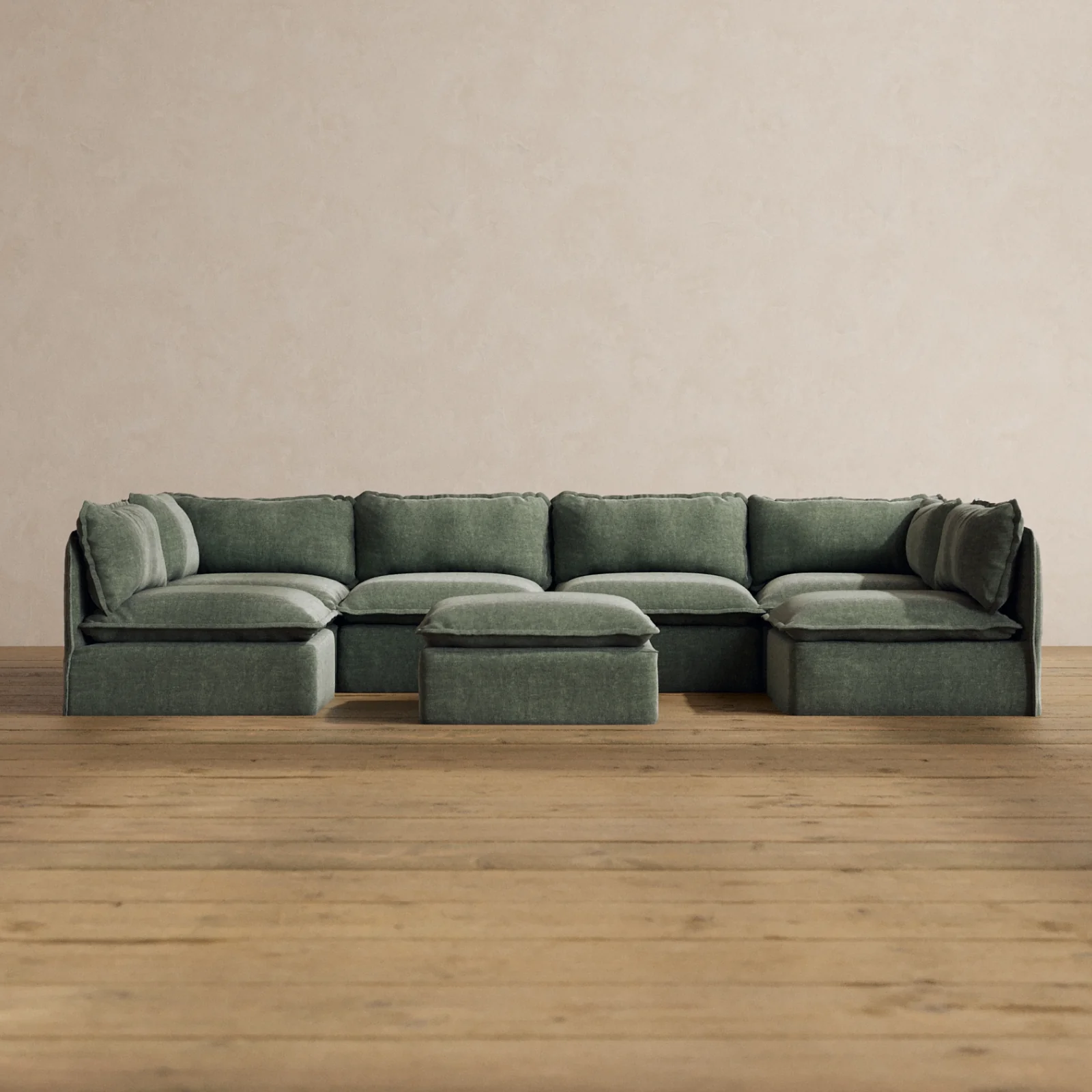 Modular Washable 6-Seater Open-Ends U-Sectional + Ottoman in Willow | Deluxe+ Seat | Cloud Pillow