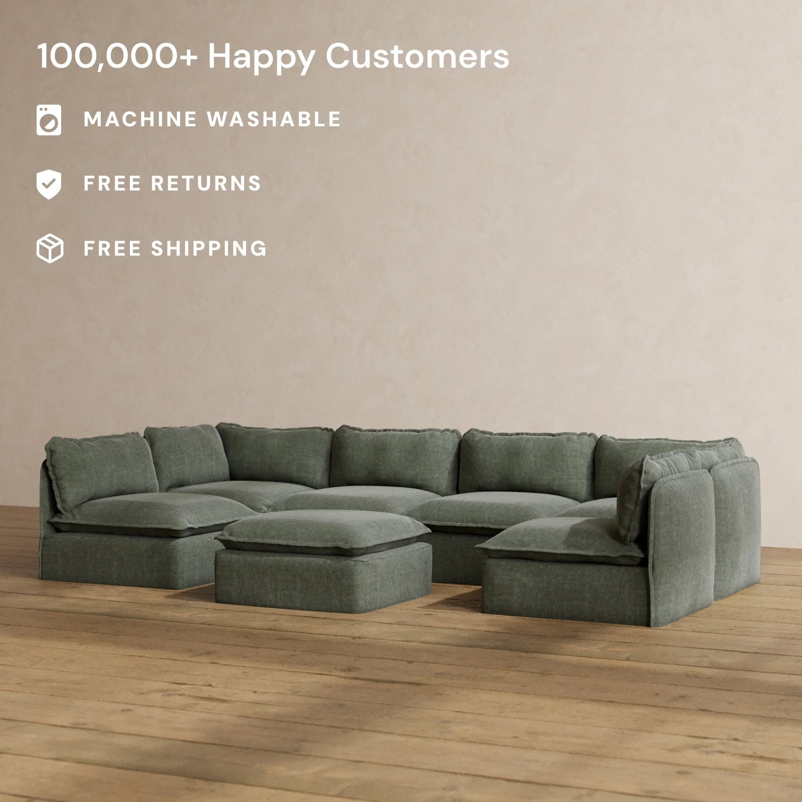 Modular Washable 6-Seater Open-Ends U-Sectional + Ottoman in Willow | Memorix+ Seat | Contour Pillow - Image 2