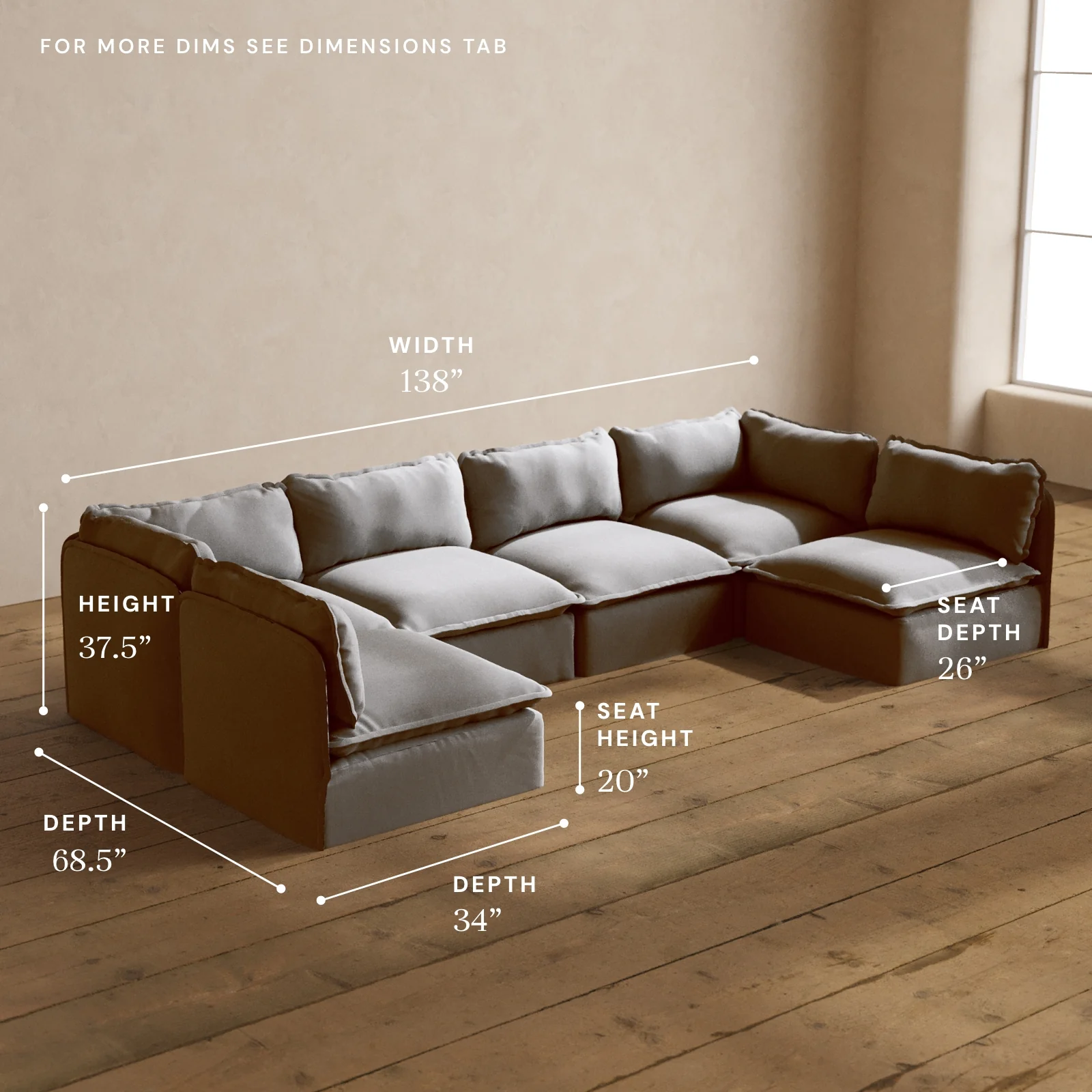 Modular Washable 6-Seater Open-Ends U-Sectional in Pumice | Memorix+ Seat | Contour Pillow - Image 5