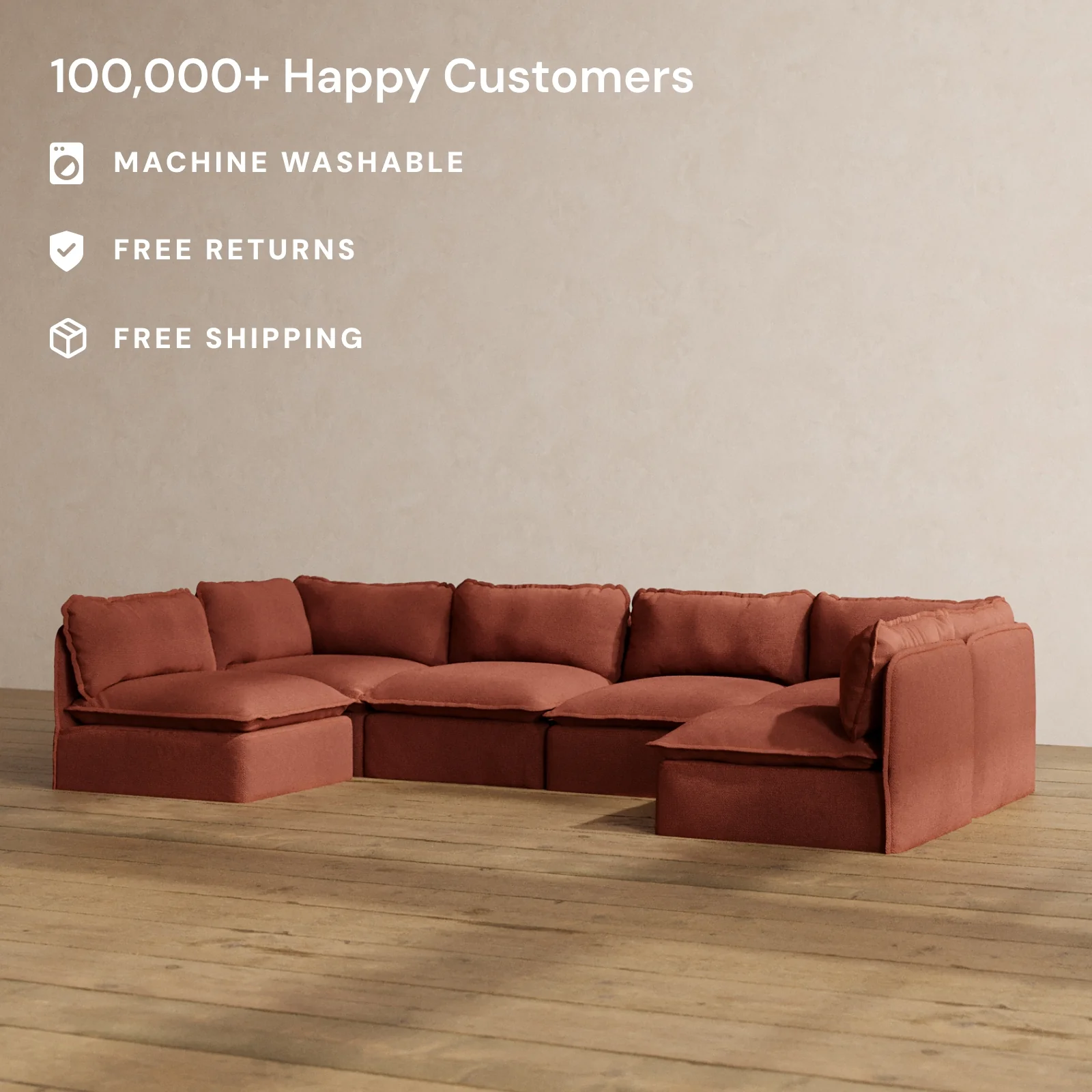 Modular Washable 6-Seater Open-Ends U-Sectional in Rust | Memorix+ Seat | Contour Pillow - Image 2