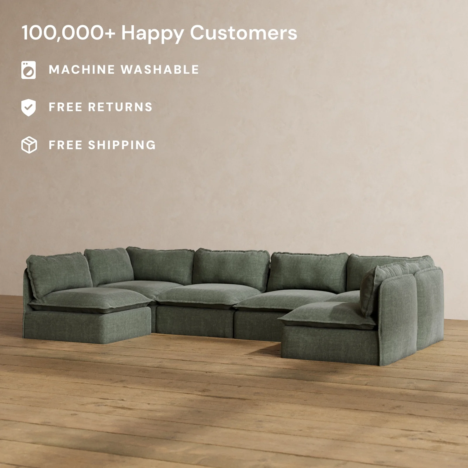 Modular Washable 6-Seater Open-Ends U-Sectional in Willow | Deluxe+ Seat | Cloud Pillow - Image 2