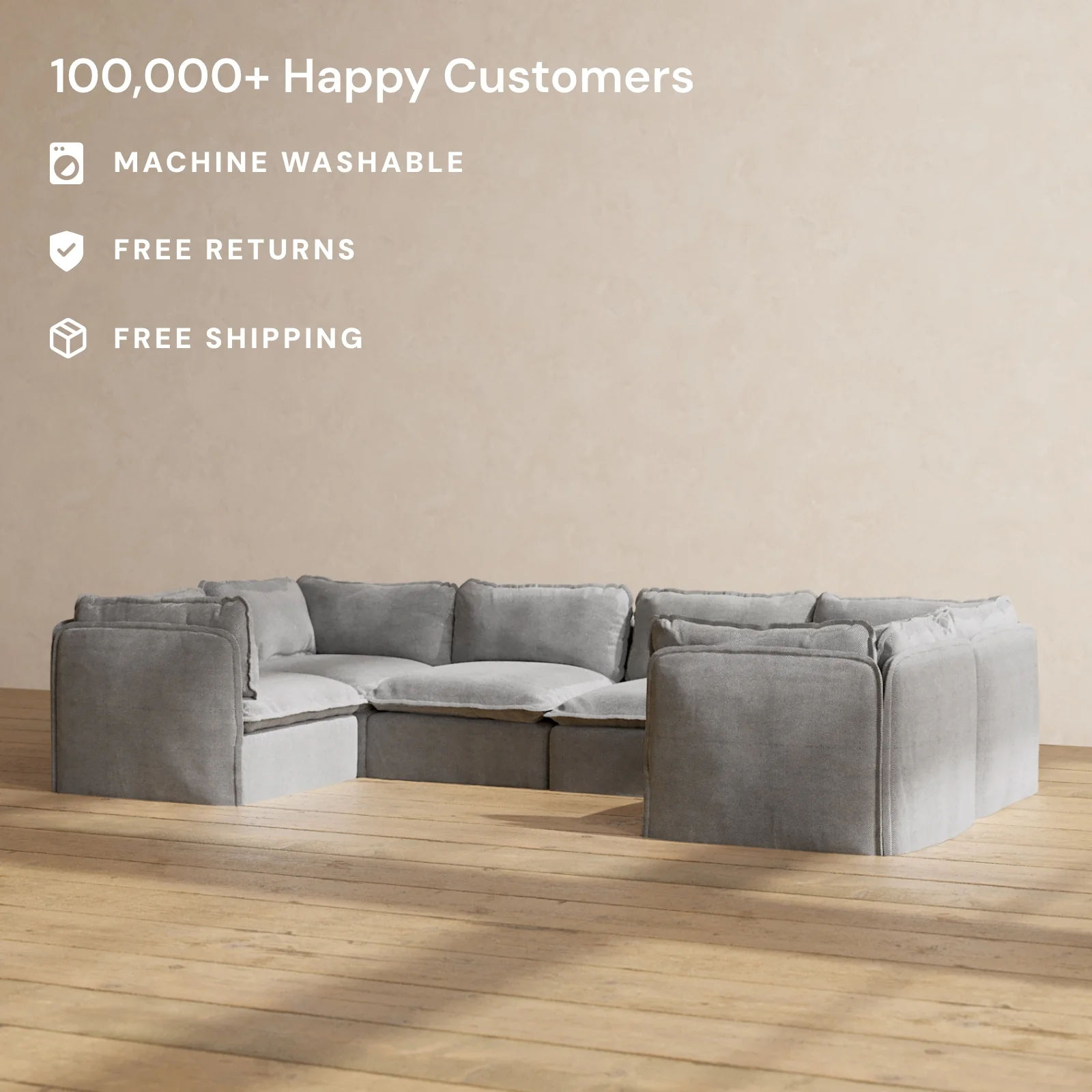 Modular Washable 6-Seater U-Sectional in Ash | Deluxe+ Seat | Cloud Pillow - Image 2