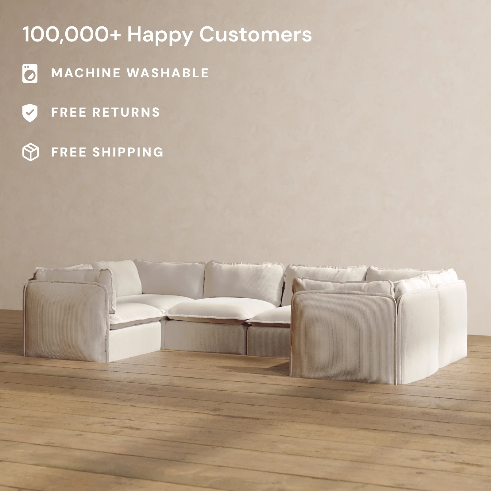 Modular Washable 6-Seater U-Sectional in Milk | Deluxe+ Seat | Cloud Pillow - Image 2