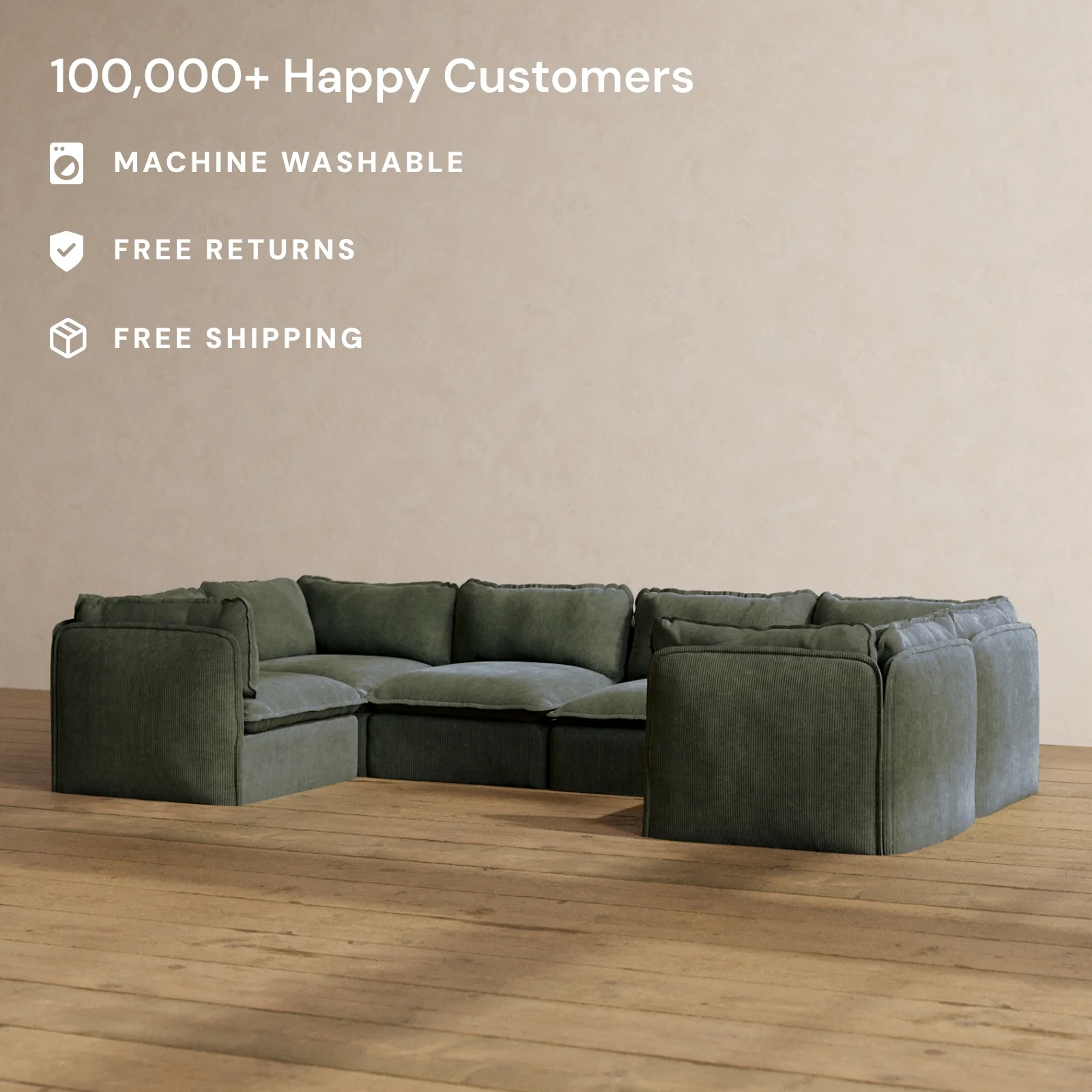 Modular Washable 6-Seater U-Sectional in Olivine | Memorix+ Seat | Contour Pillow - Image 2