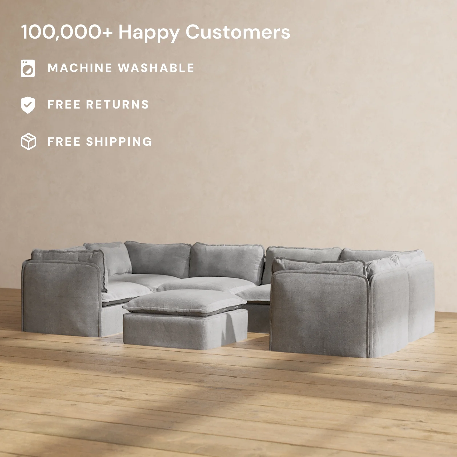 Modular Washable 6-Seater U-Sectional + Ottoman in Ash | Deluxe+ Seat | Cloud Pillow - Image 2