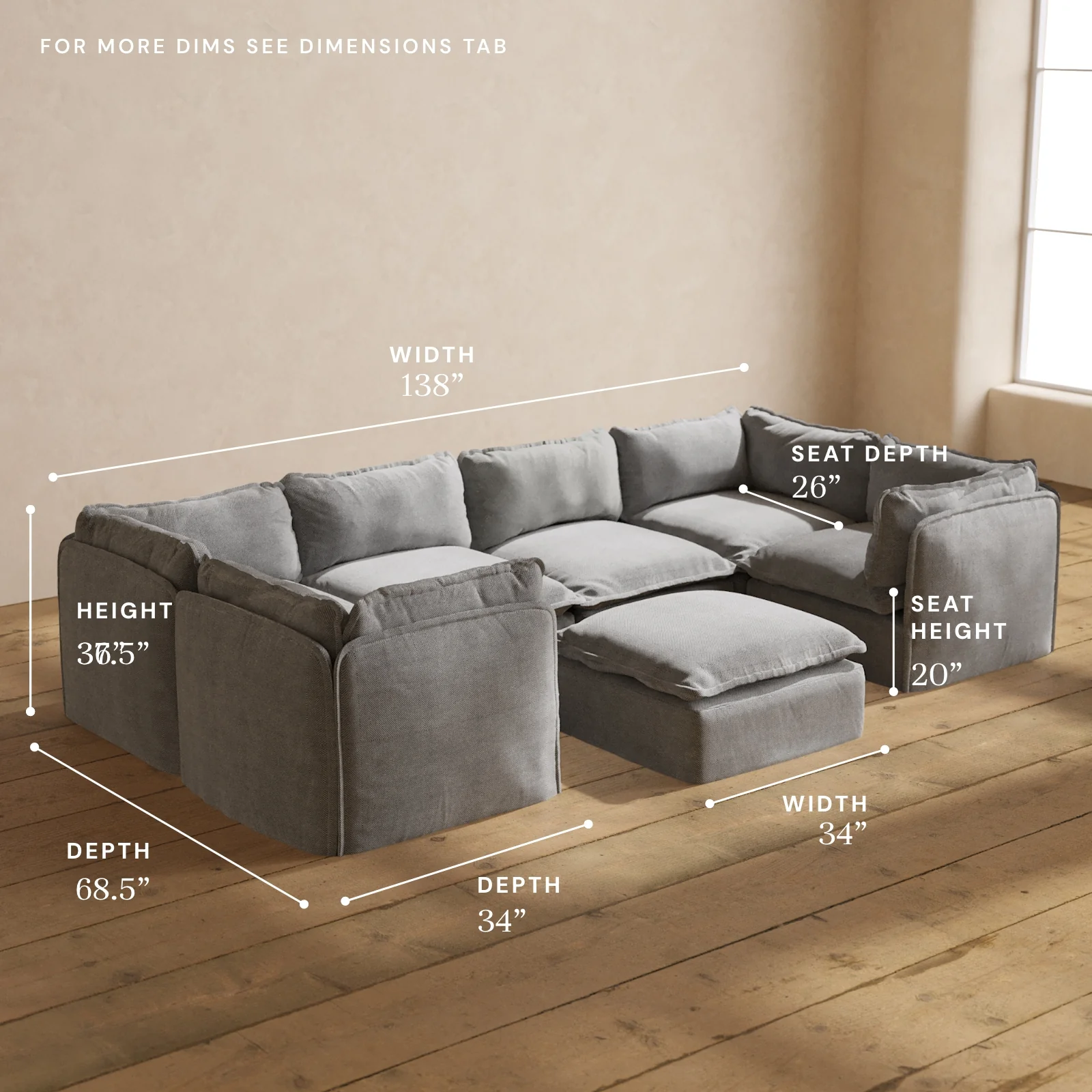 Modular Washable 6-Seater U-Sectional + Ottoman in Ash | Memorix+ Seat | Contour Pillow - Image 5