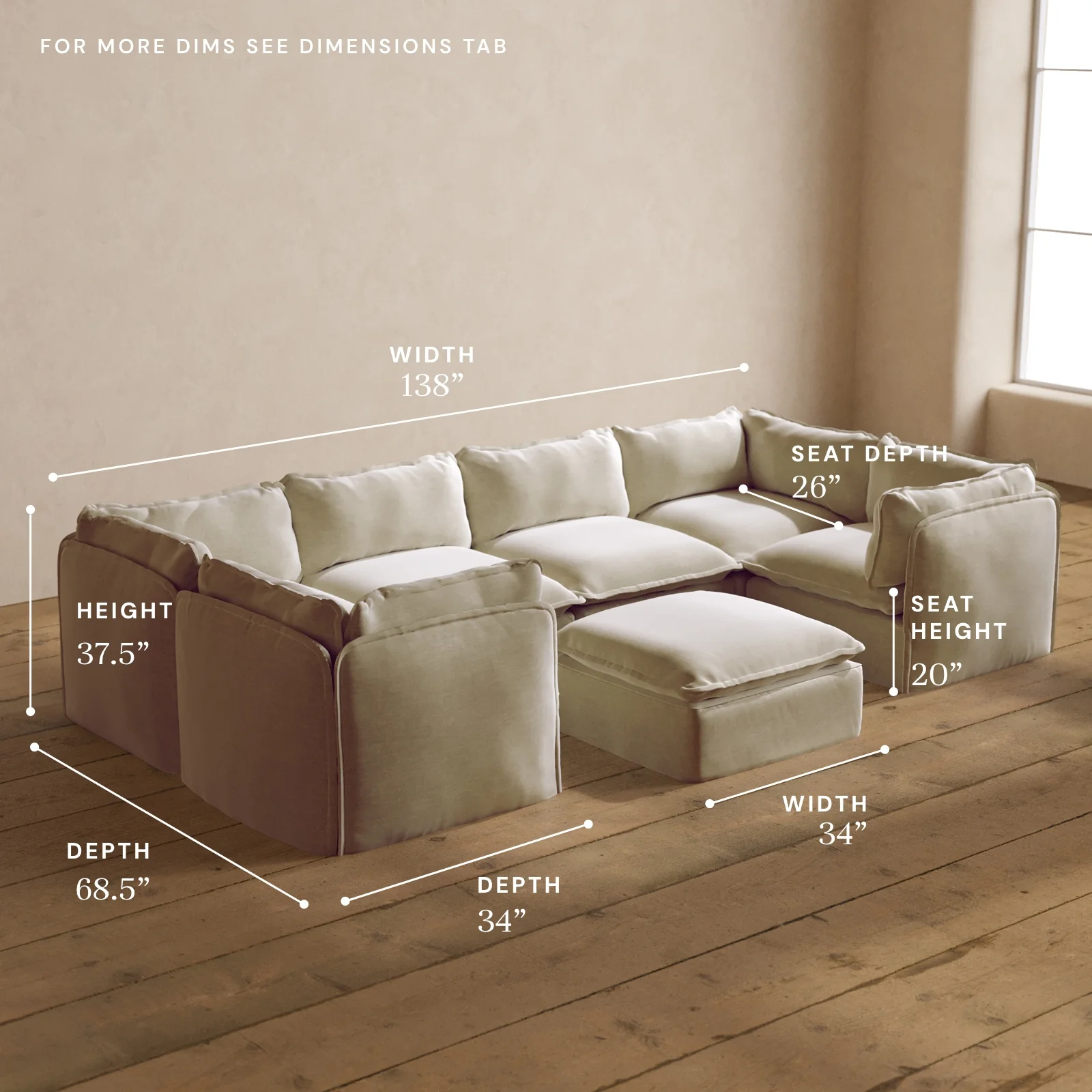 Modular Washable 6-Seater U-Sectional + Ottoman in Coco | Deluxe+ Seat | Cloud Pillow - Image 5