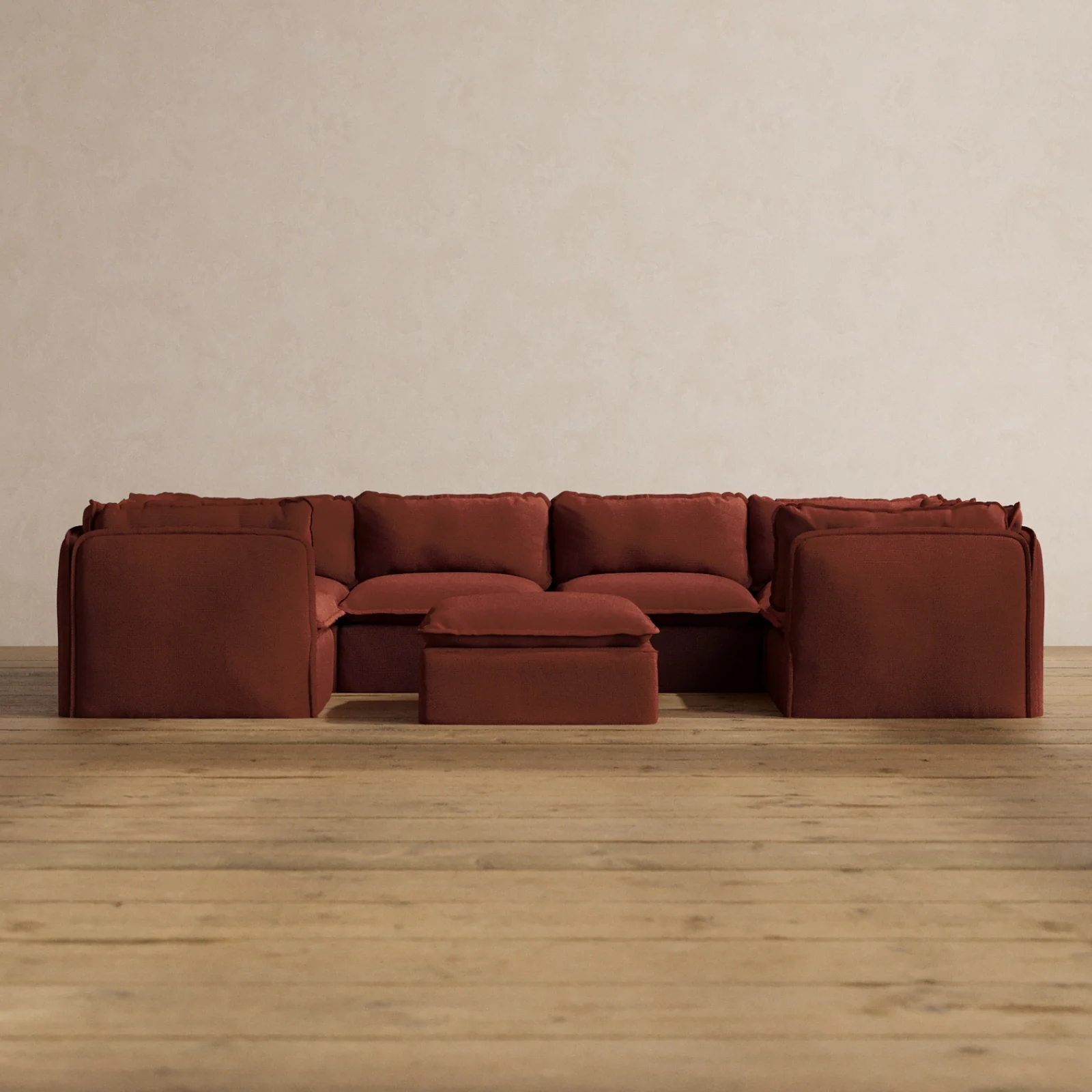 Modular Washable 6-Seater U-Sectional + Ottoman in Rust | Memorix+ Seat | Contour Pillow