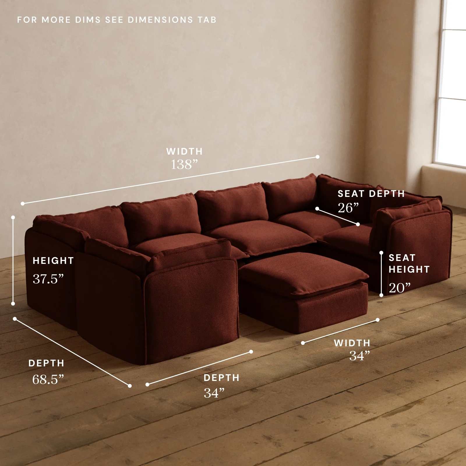 Modular Washable 6-Seater U-Sectional + Ottoman in Rust | Memorix+ Seat | Contour Pillow - Image 5
