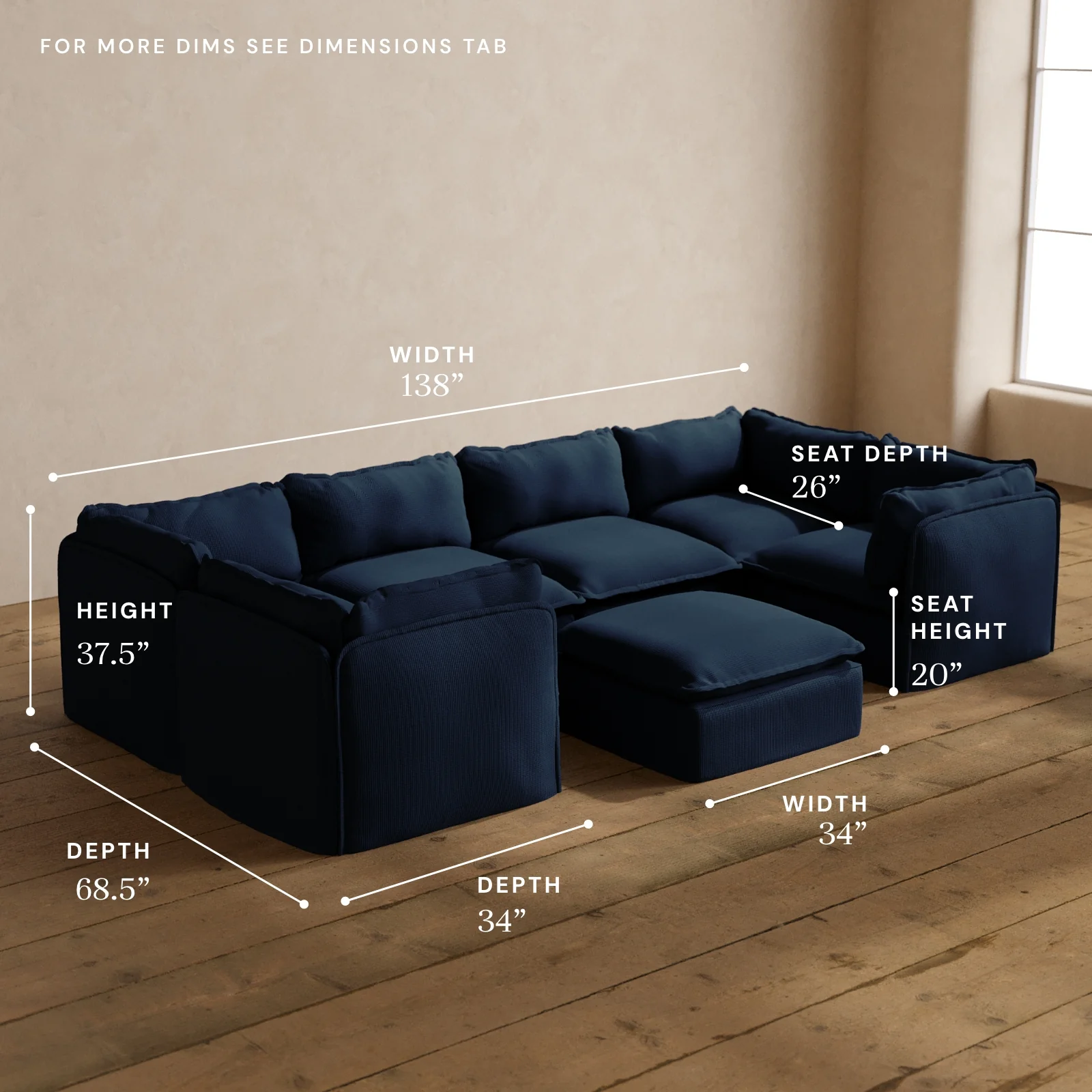 Modular Washable 6-Seater U-Sectional + Ottoman in Sumi | Deluxe+ Seat | Cloud Pillow - Image 5