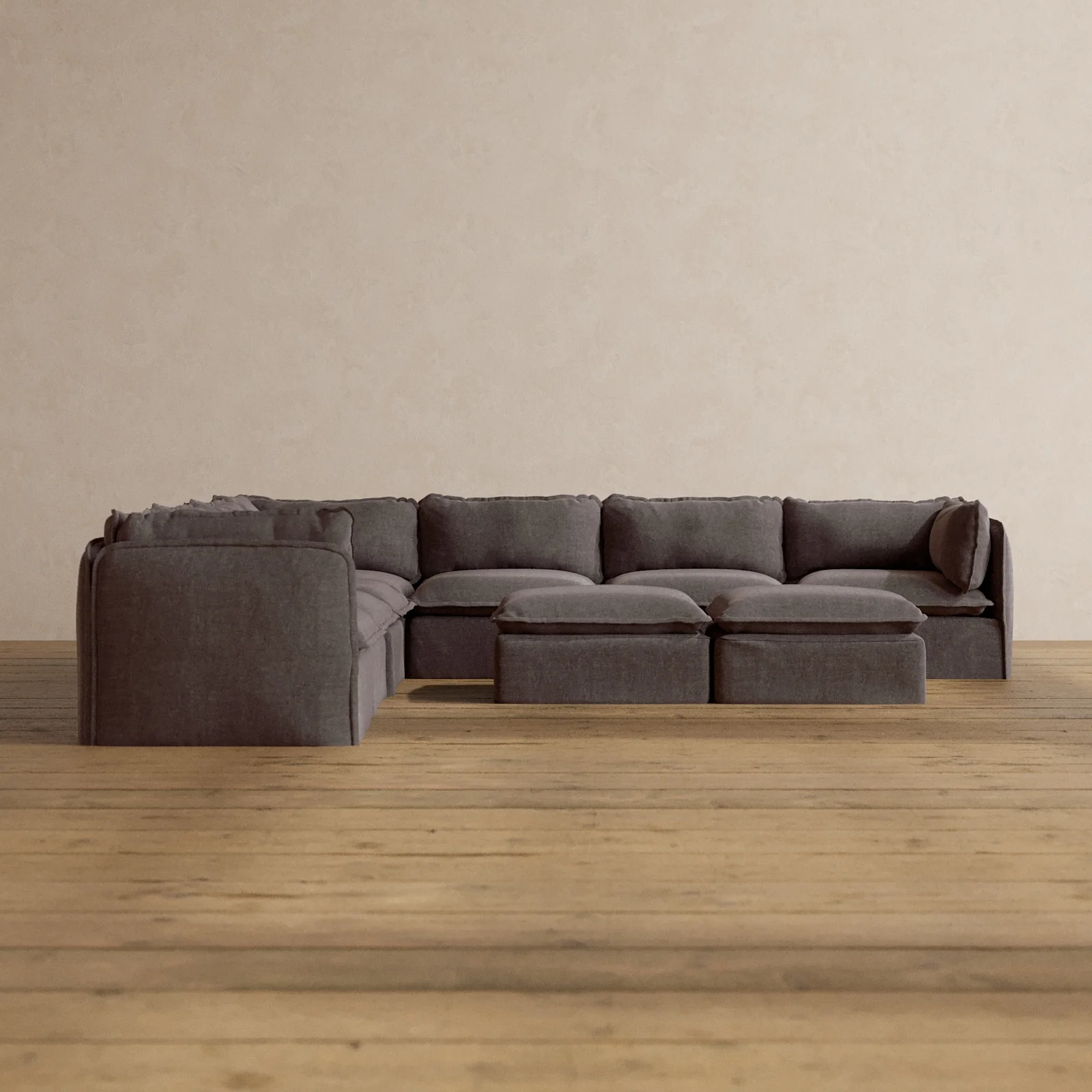 Modular Washable 7-Seater Corner Sectional + Bench Ottoman in Caviar | Deluxe+ Seat | Cloud Pillow