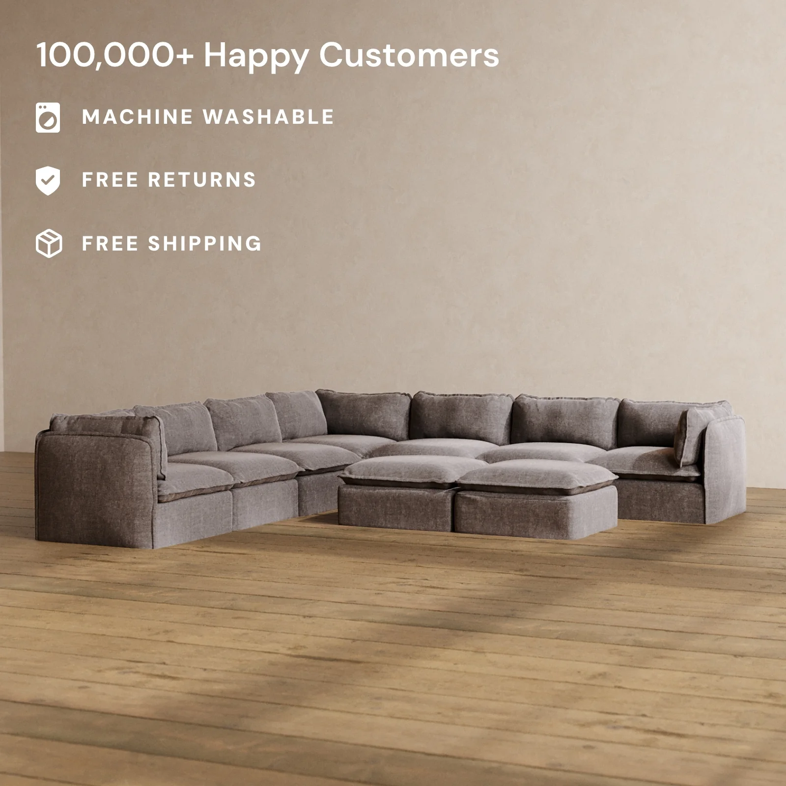 Modular Washable 7-Seater Corner Sectional + Bench Ottoman in Caviar | Deluxe+ Seat | Cloud Pillow - Image 2