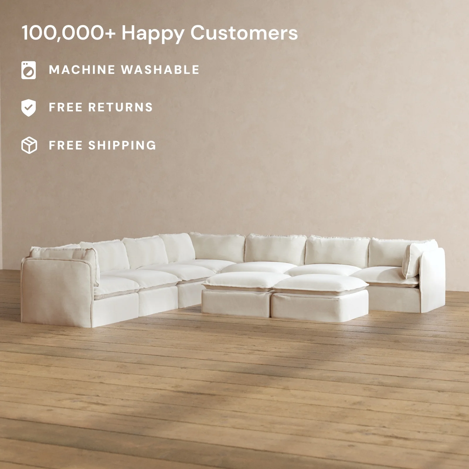 Modular Washable 7-Seater Corner Sectional + Bench Ottoman in Coco | Memorix+ Seat | Contour Pillow - Image 2