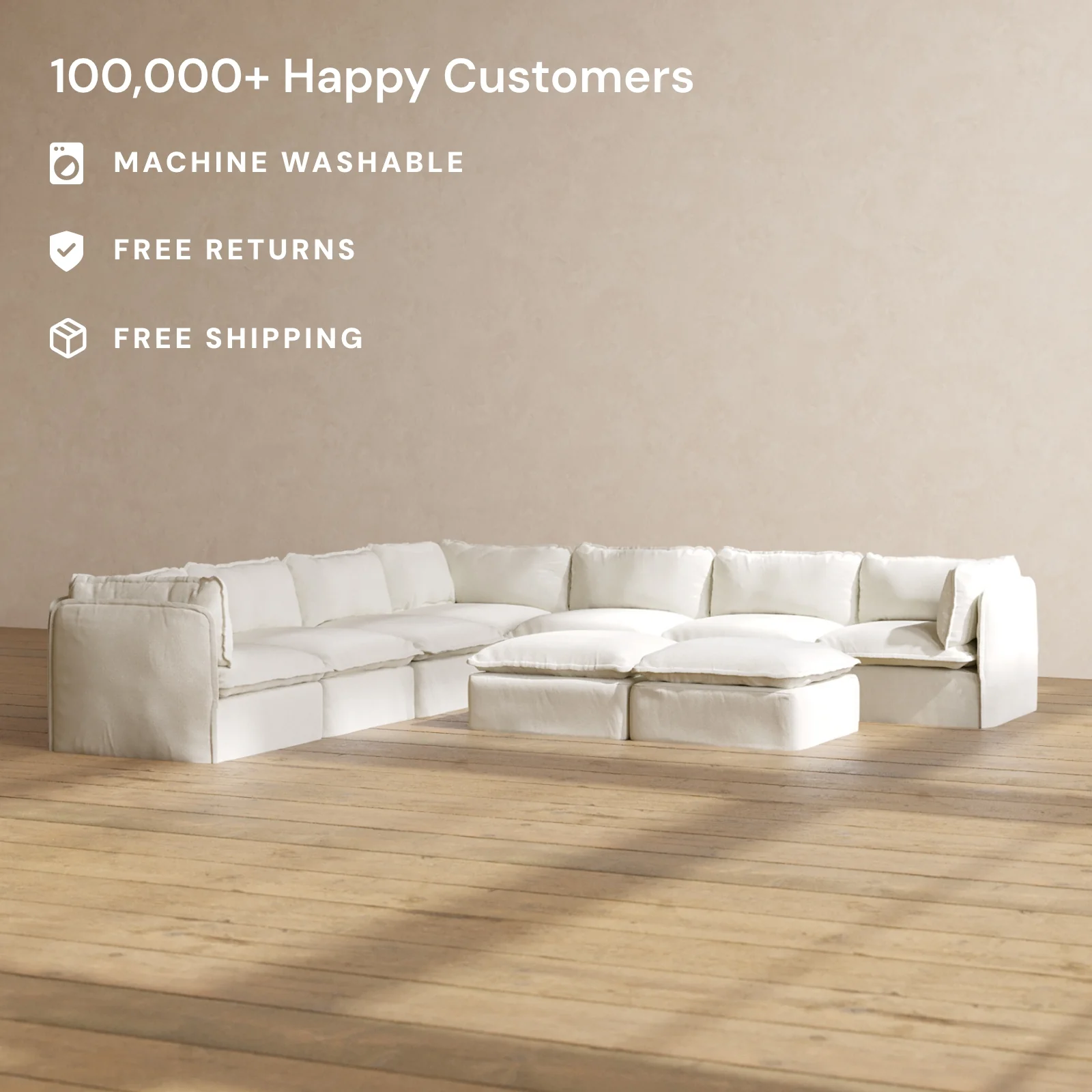 Modular Washable 7-Seater Corner Sectional + Bench Ottoman in Eggshell | Deluxe+ Seat | Cloud Pillow - Image 2