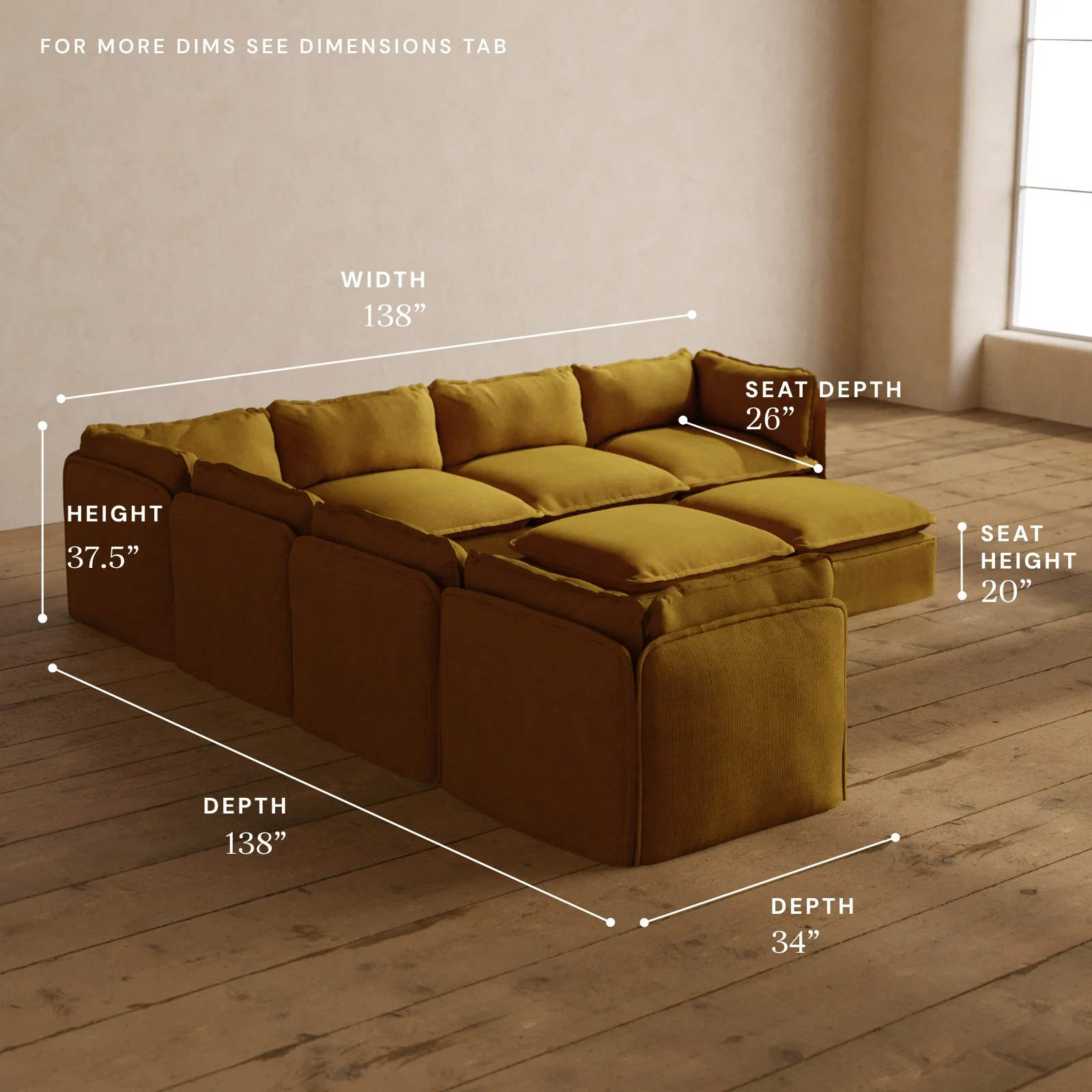 Modular Washable 7-Seater Corner Sectional + Bench Ottoman in Kiiro | Deluxe+ Seat | Cloud Pillow - Image 5