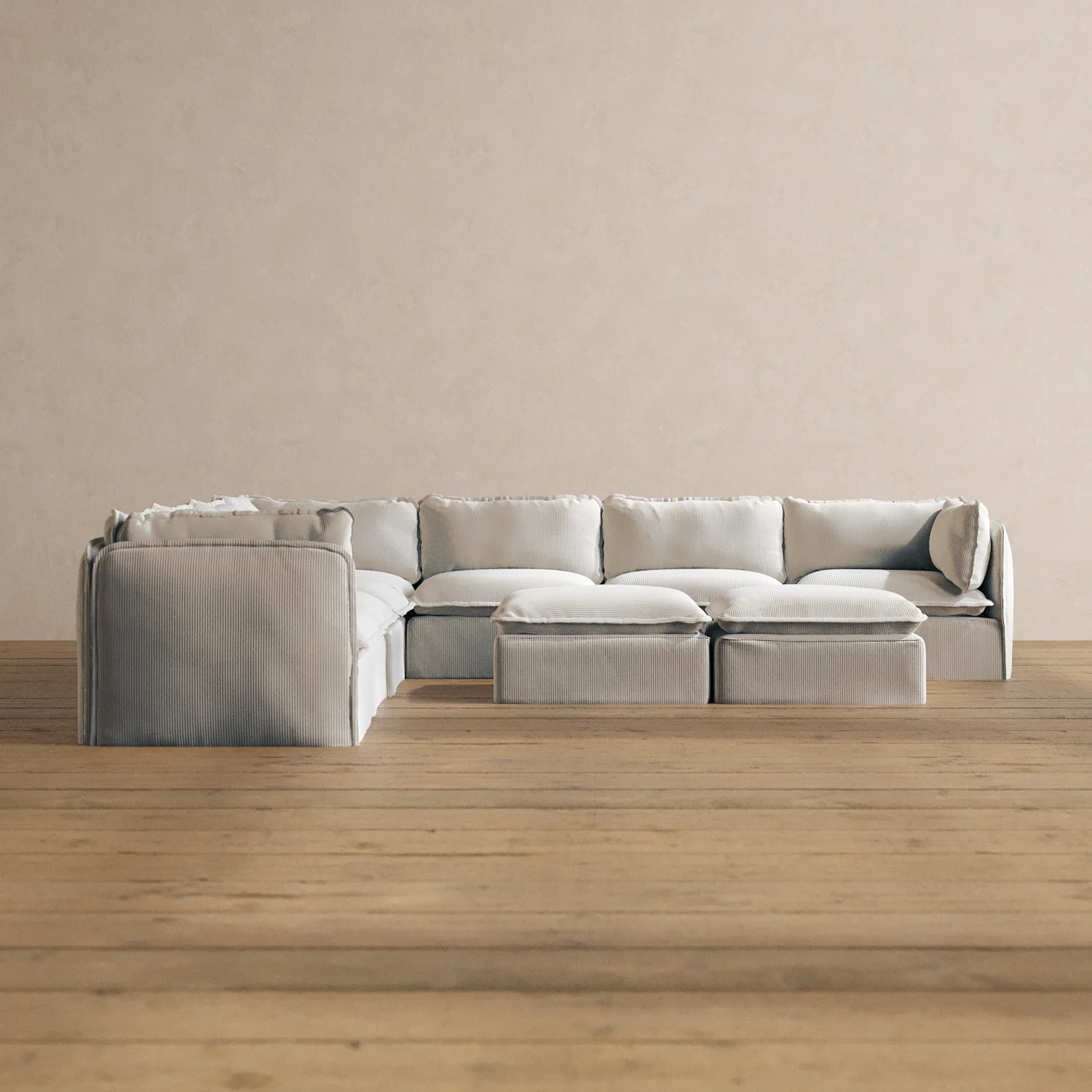Modular Washable 7-Seater Corner Sectional + Bench Ottoman in Milk | Memorix+ Seat | Contour Pillow