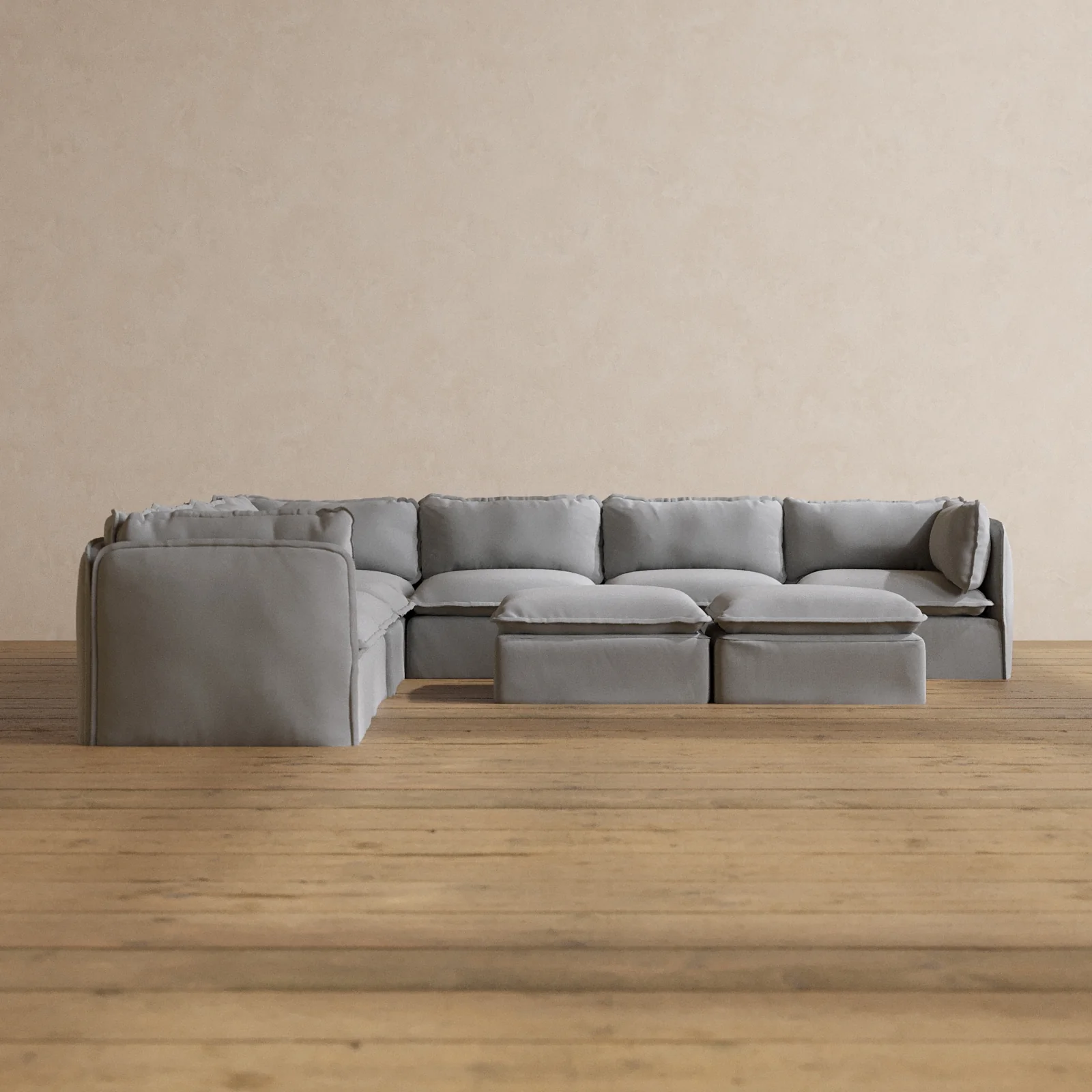 Modular Washable 7-Seater Corner Sectional + Bench Ottoman in Pumice | Memorix+ Seat | Contour Pillow